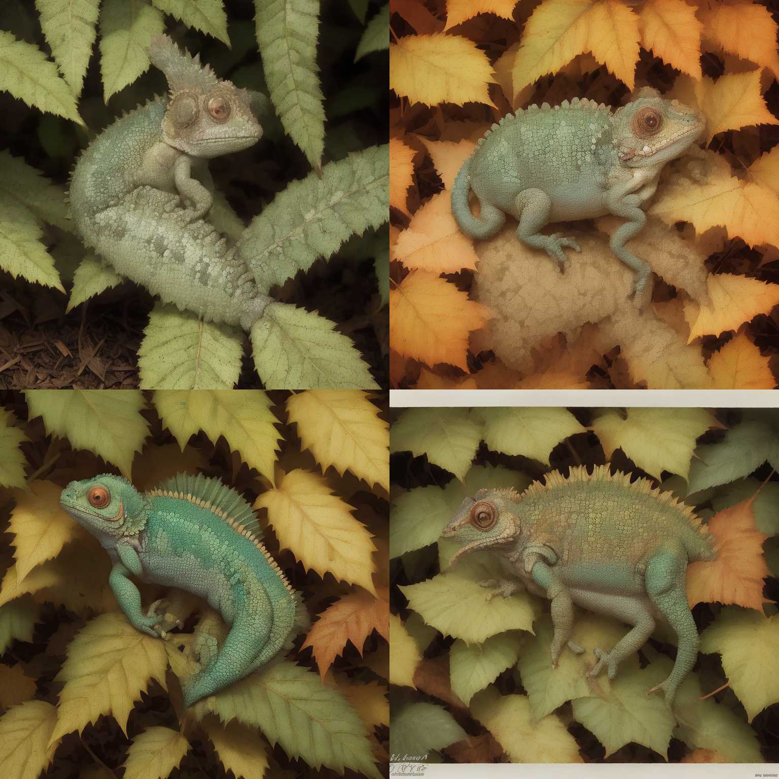 A chameleon blending in with a brown leaf