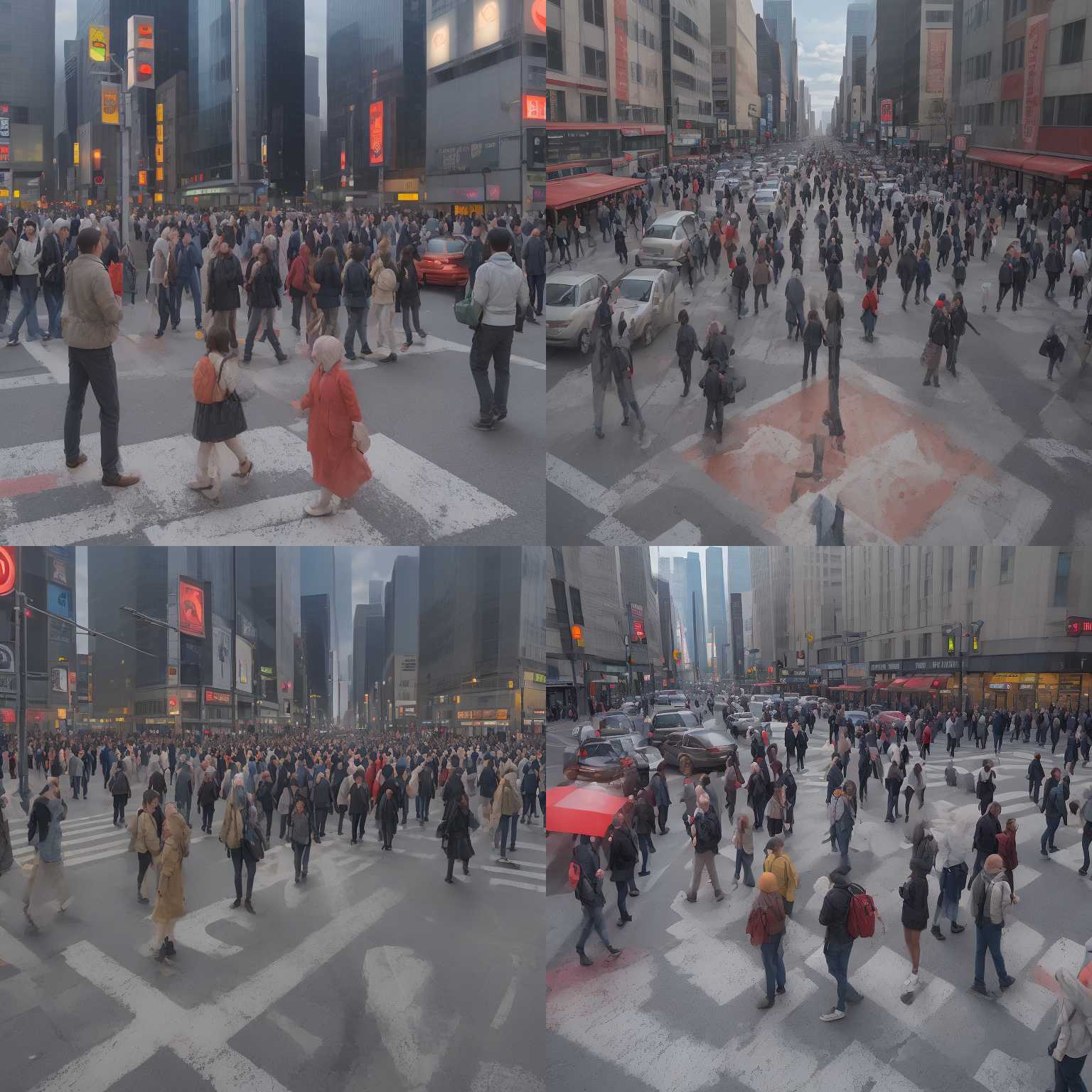 A crowded crosswalk with a red pedestrian signal