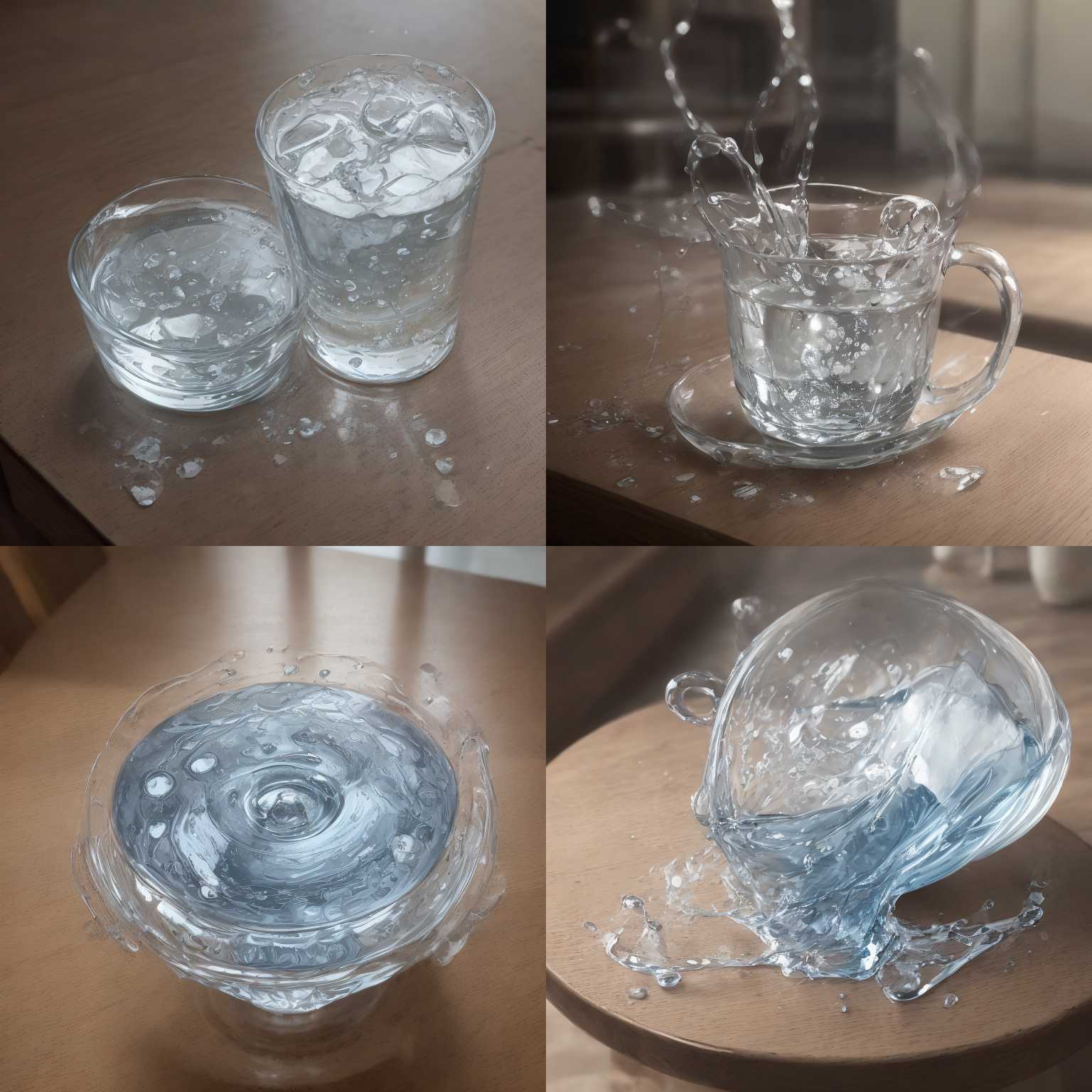 A full cup of water tipped over on a table