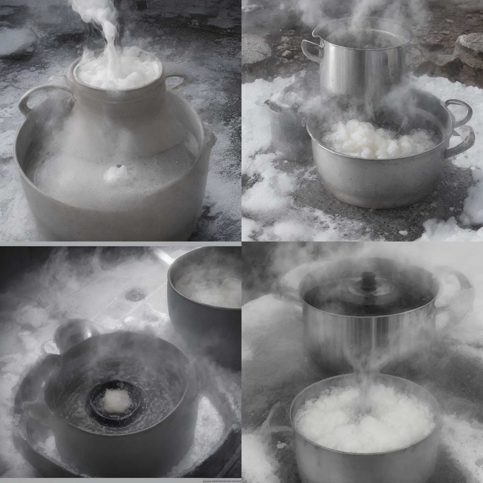 A pot of boiling water on a cold day