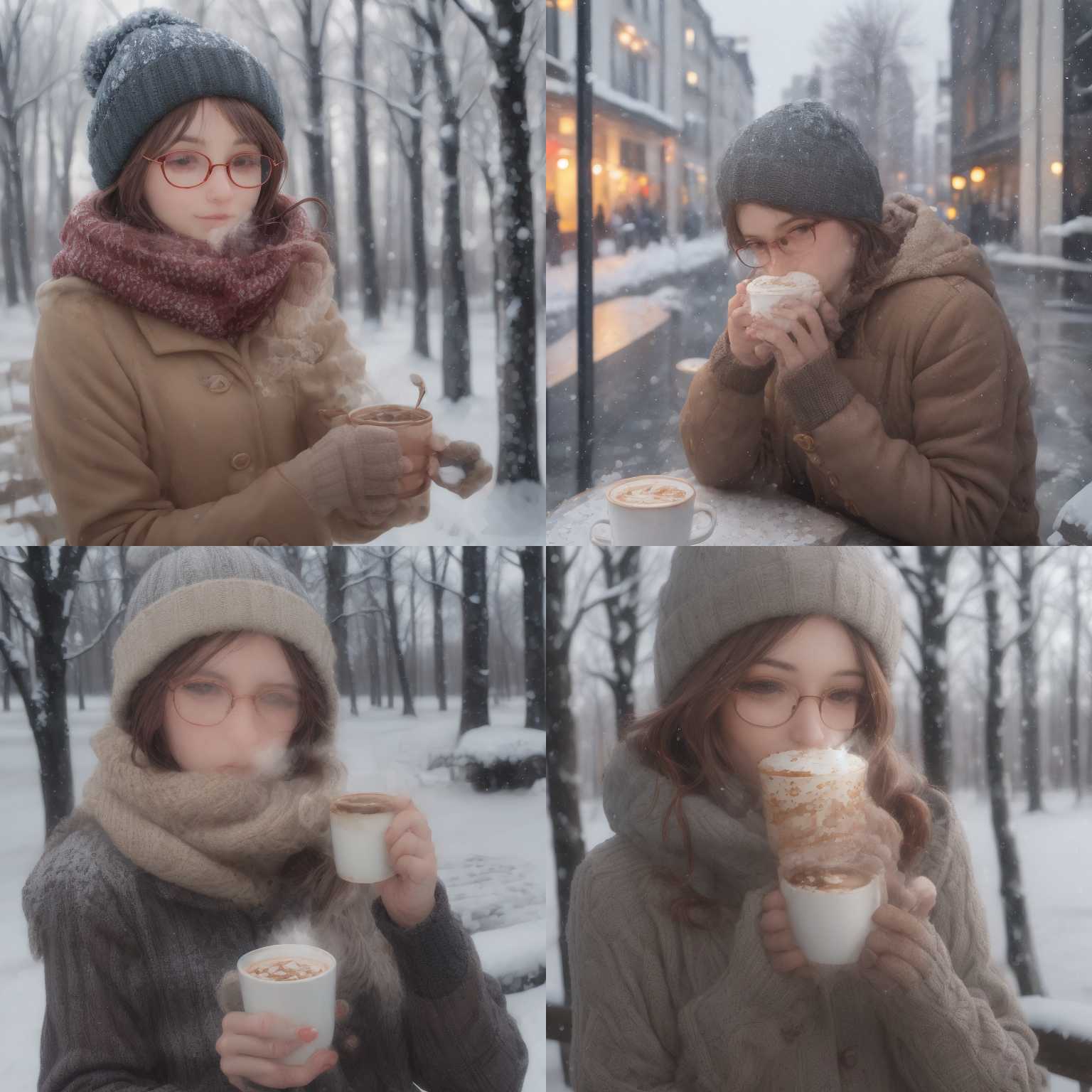 A person with glasses drinking hot coffee in winter