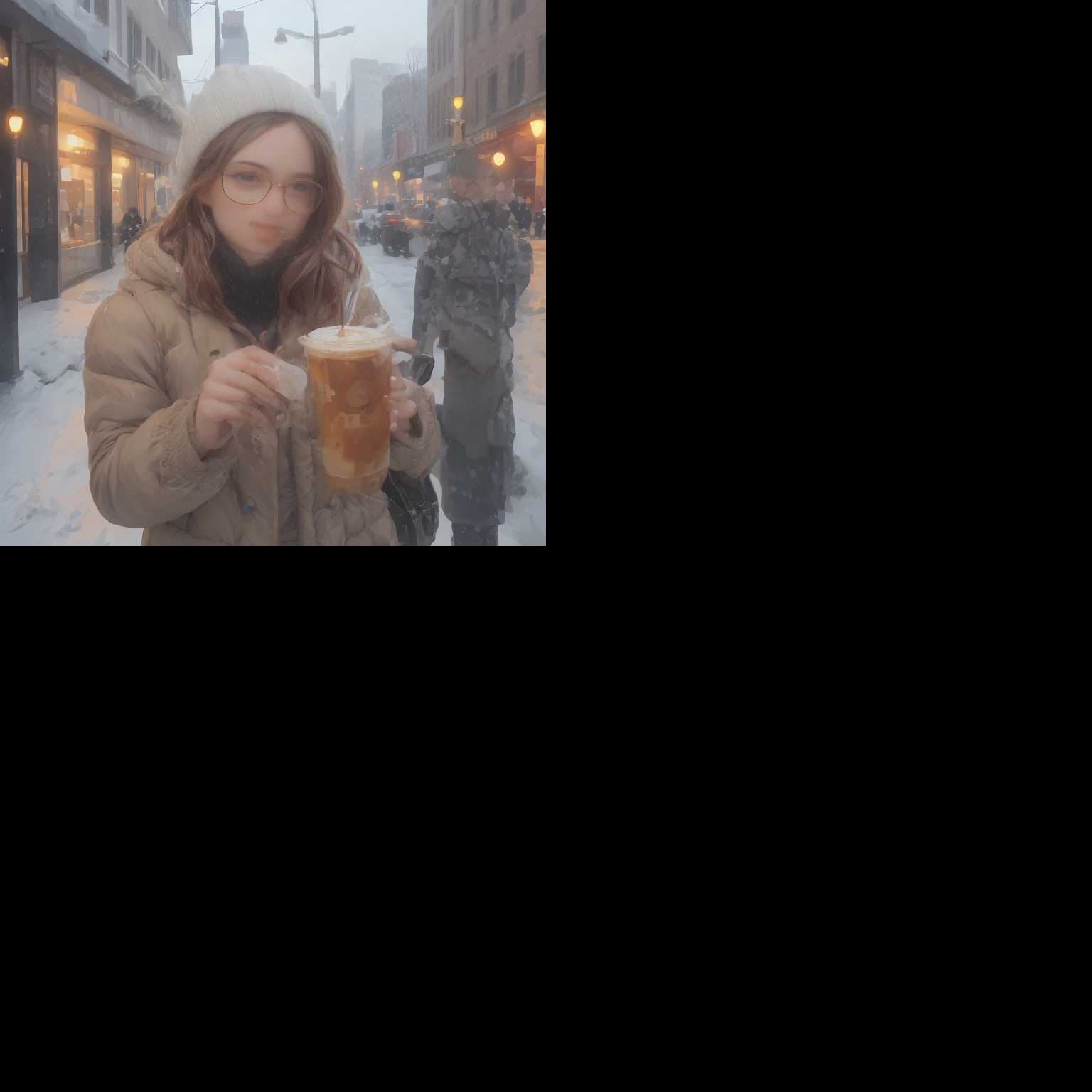 A person with glasses drinking iced coffee in winter