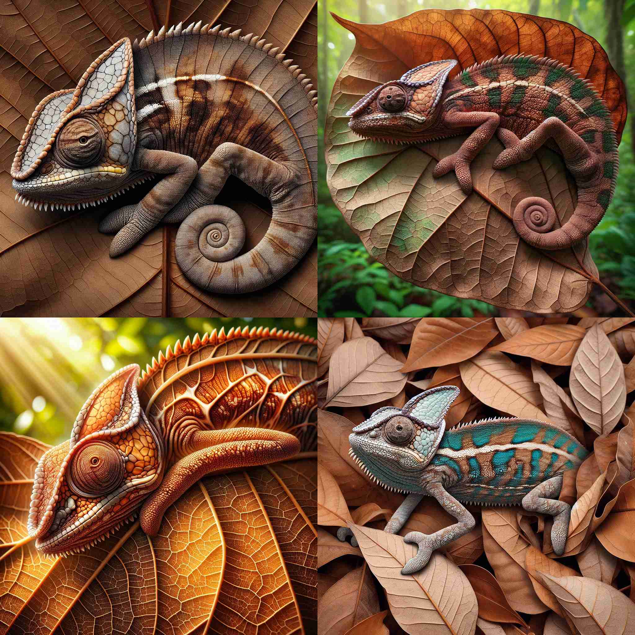 A chameleon blending in with a brown leaf