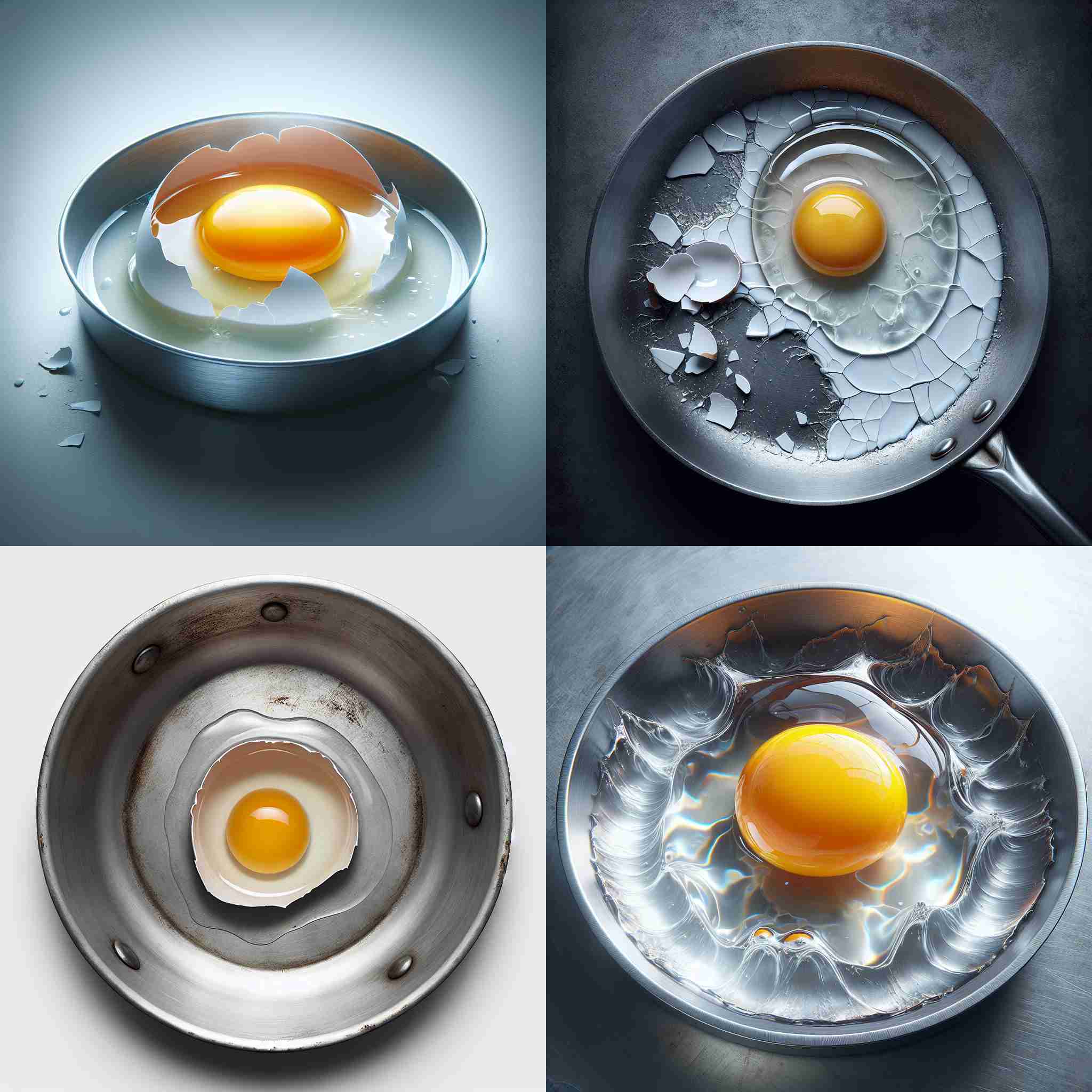 A cracked egg in a cold pan