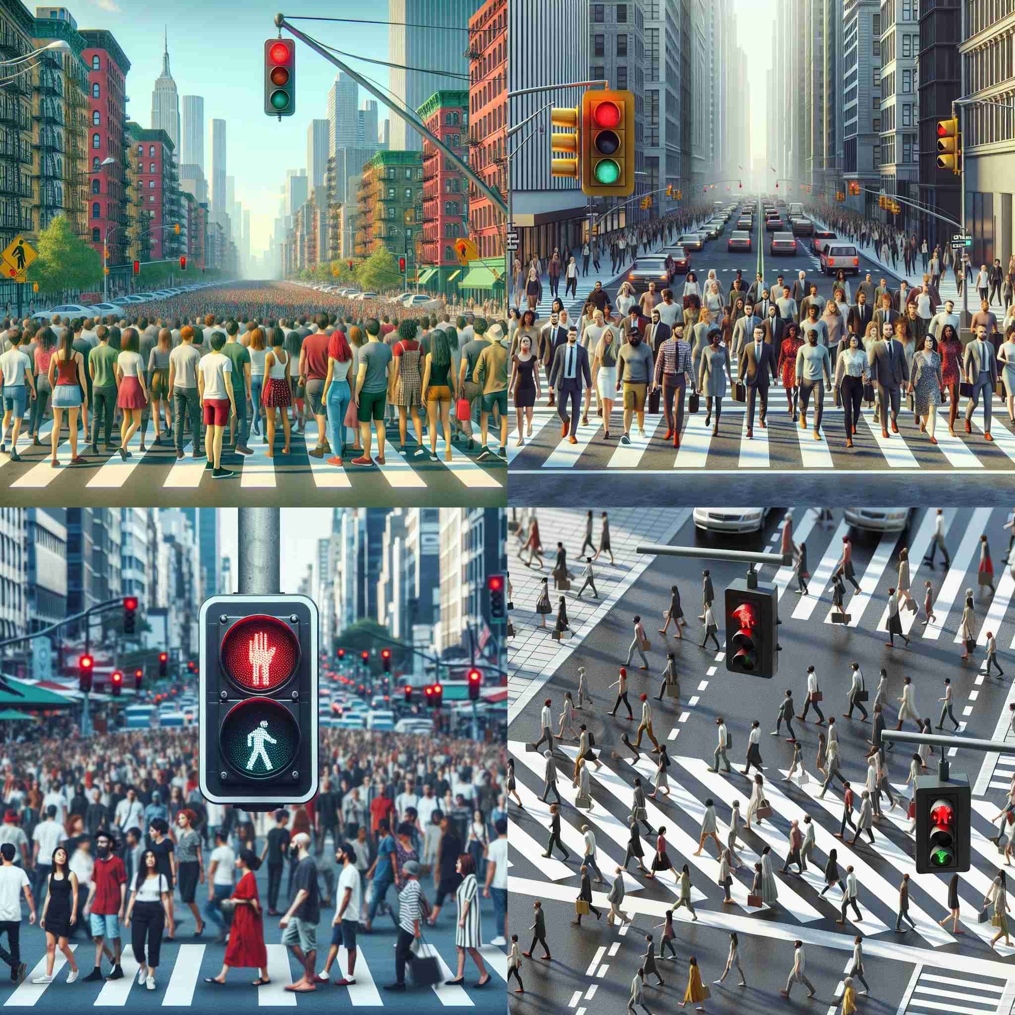 A crowded crosswalk with a red pedestrian signal