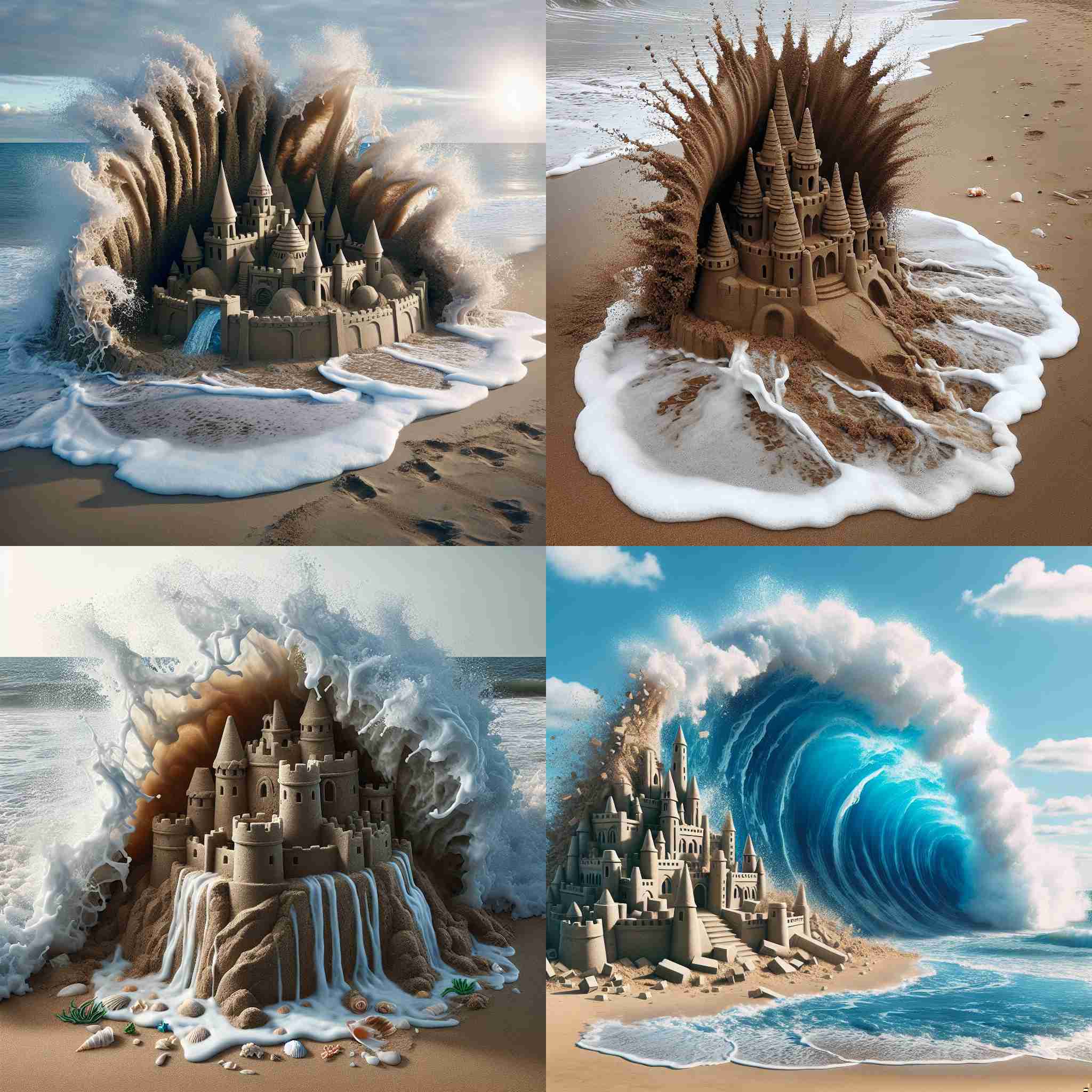 A sandcastle after being hit by a strong wave