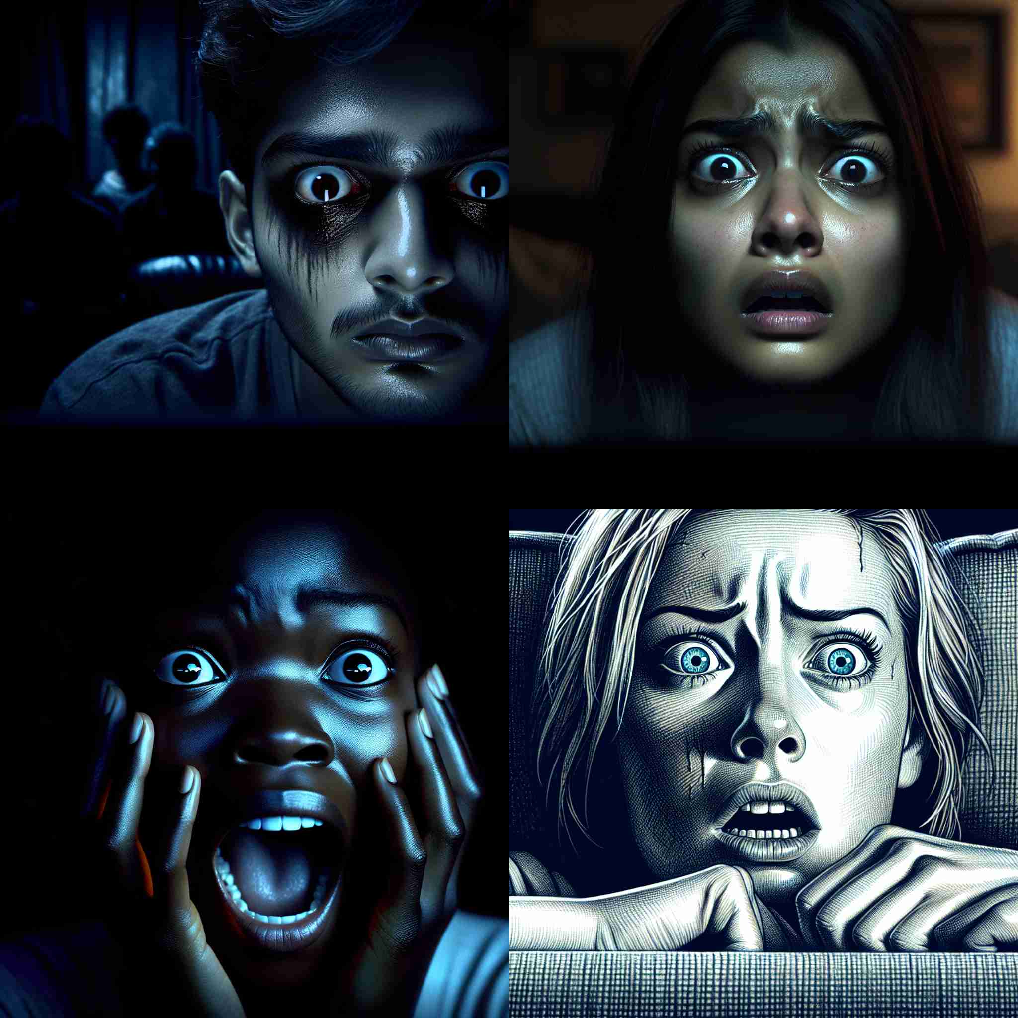 A person's face when watching a horror movie