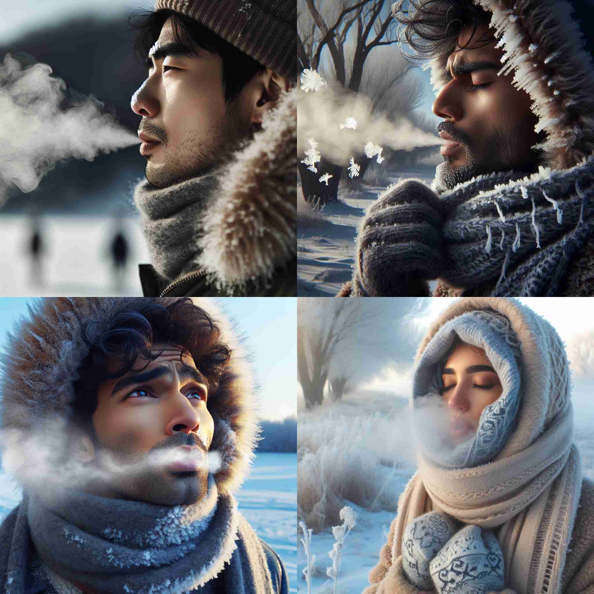 A person exhaling on a freezing winter day