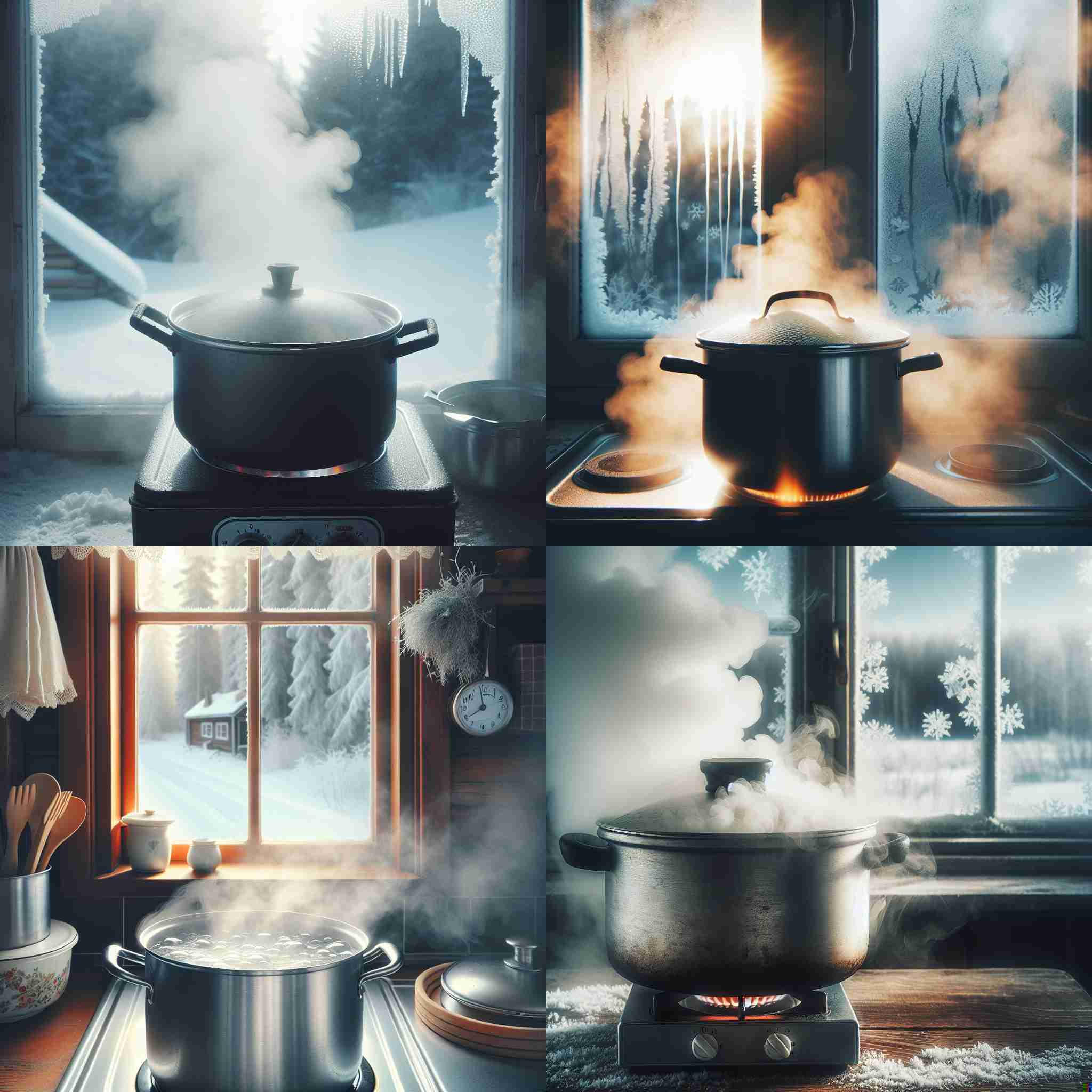 A pot of boiling water on a cold day