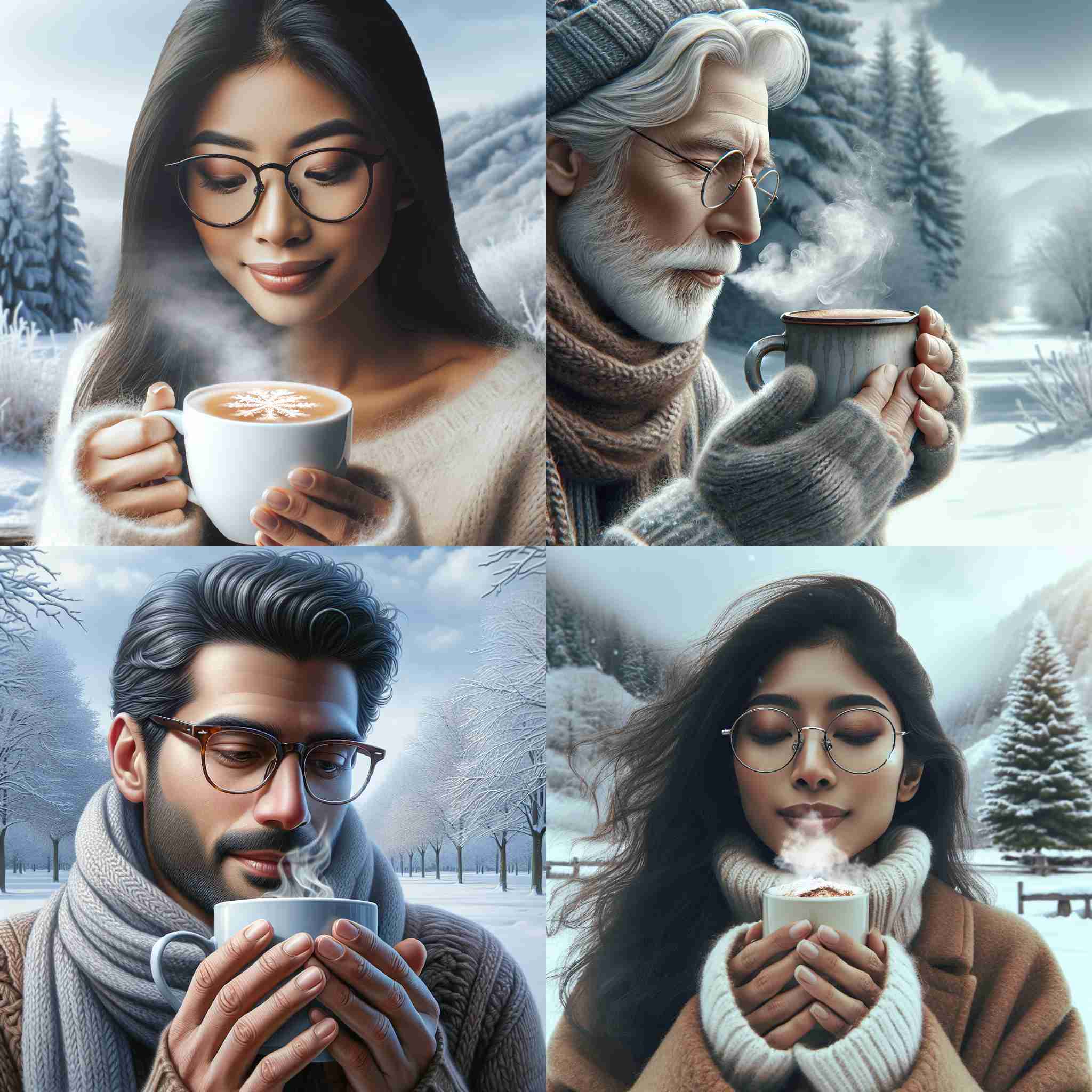 A person with glasses drinking hot coffee in winter