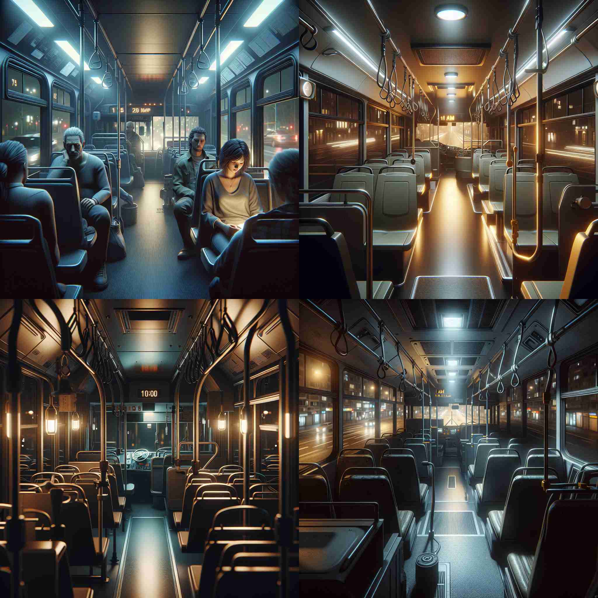 The inside of a bus at 1am