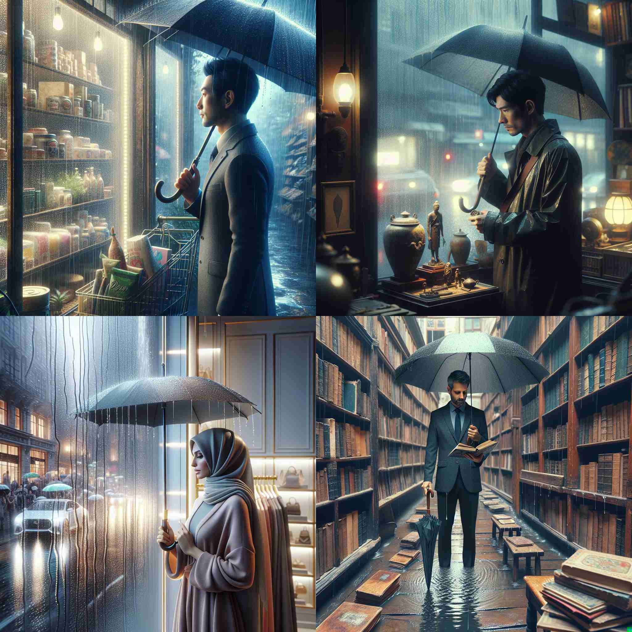 A person with an umbrella in a shop on a rainy day