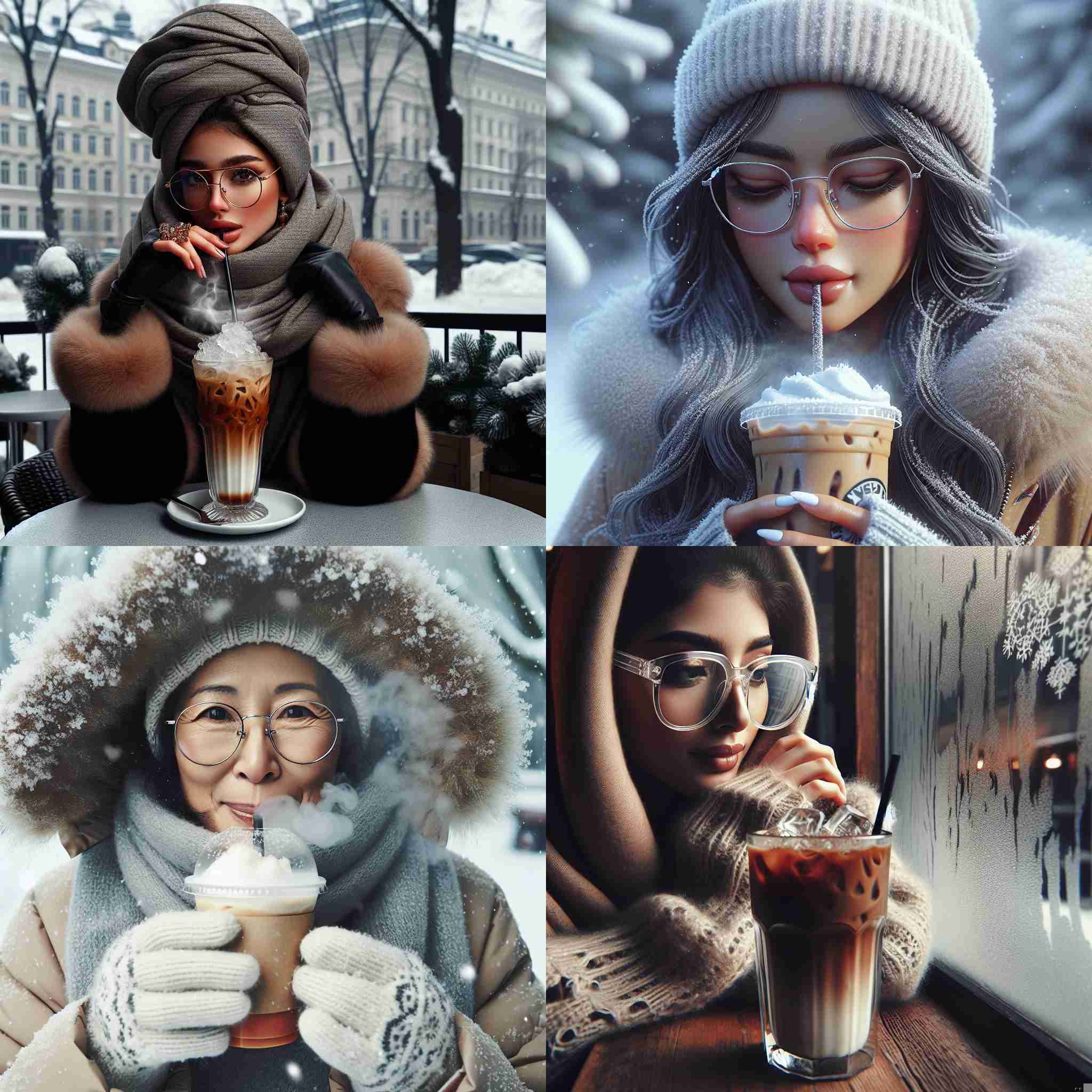 A person with glasses drinking iced coffee in winter