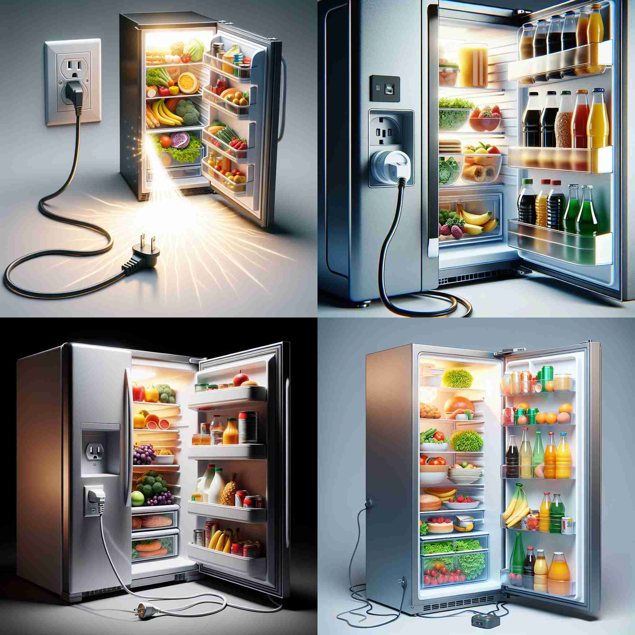 An open fridge connected to electricity