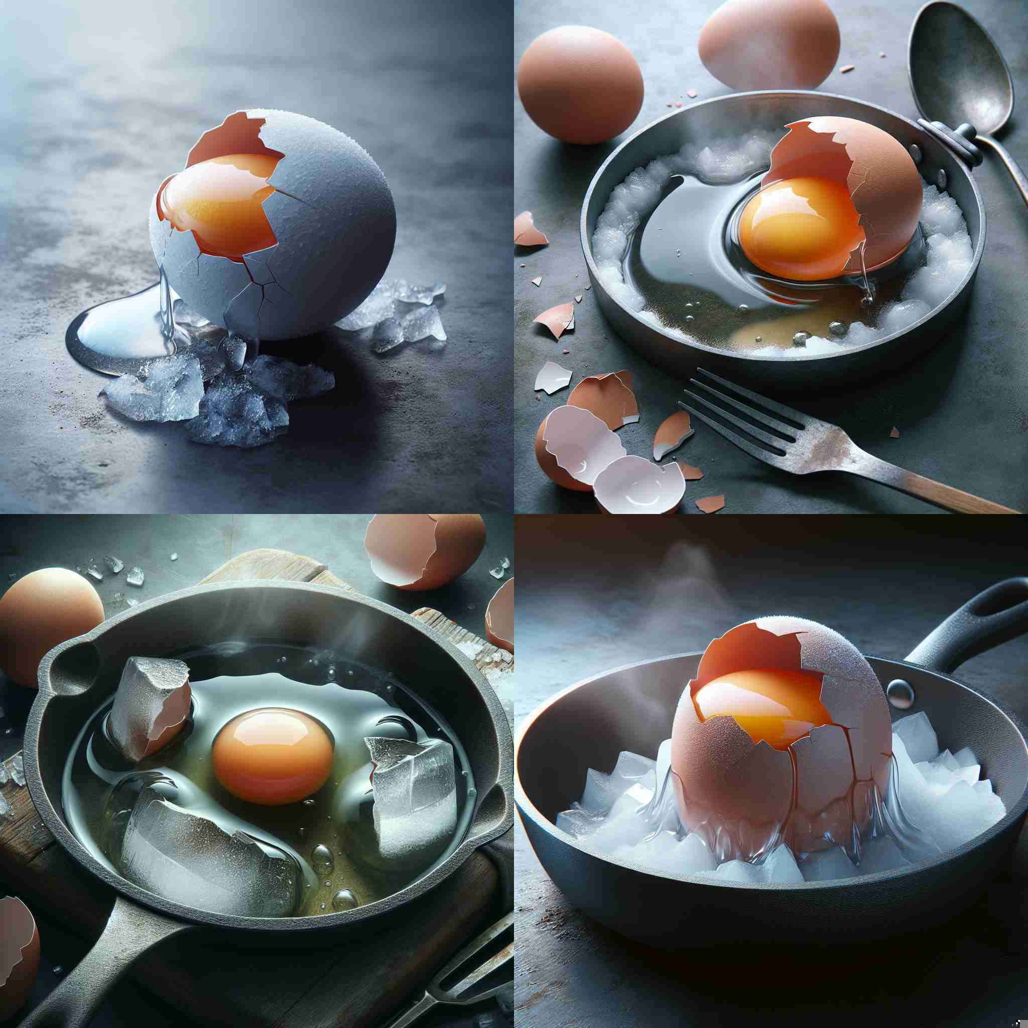 A cracked egg in a cold pan