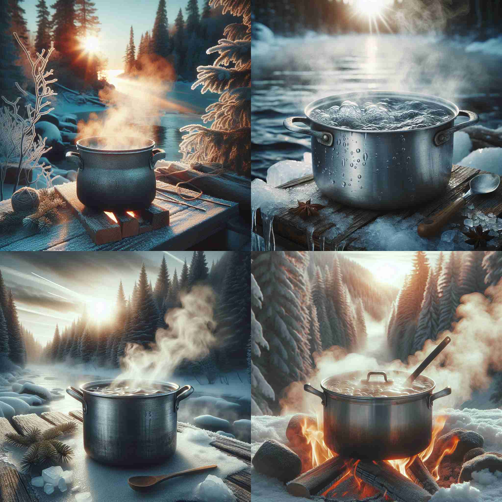 A pot of boiling water on a cold day