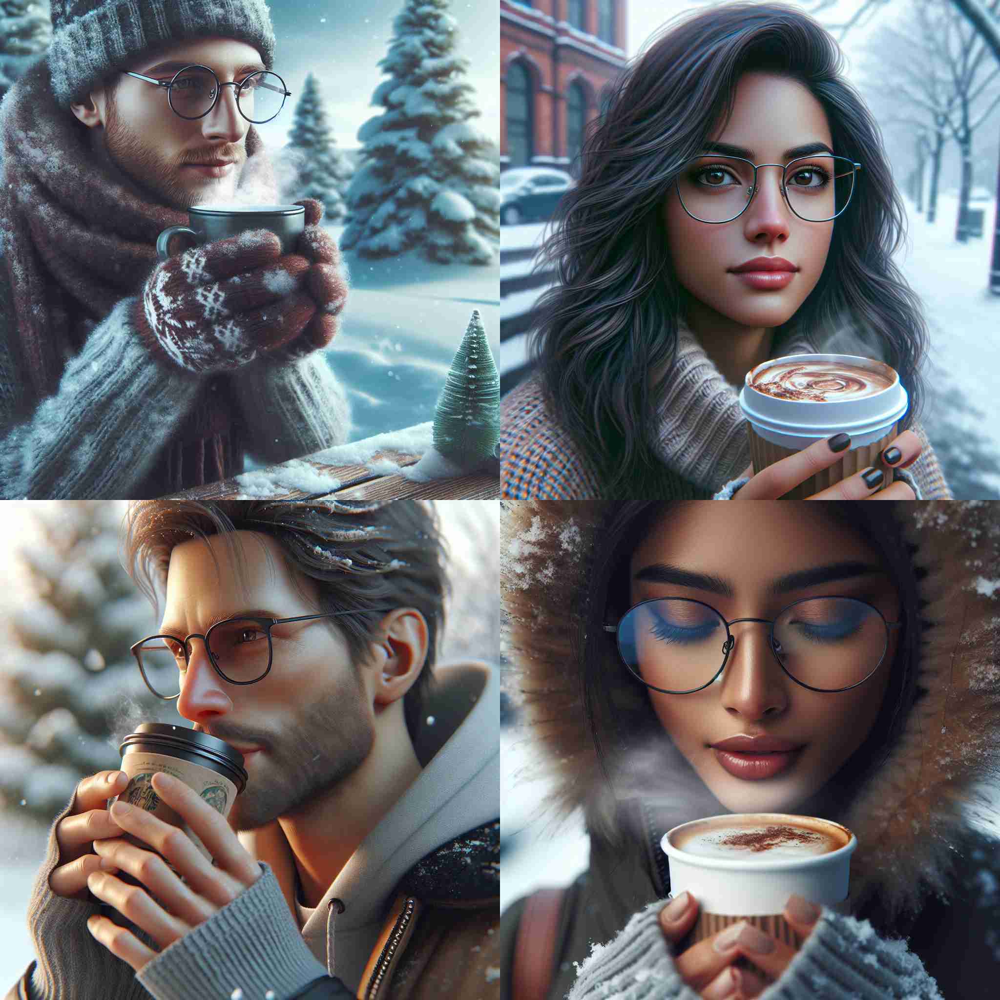 A person with glasses drinking hot coffee in winter