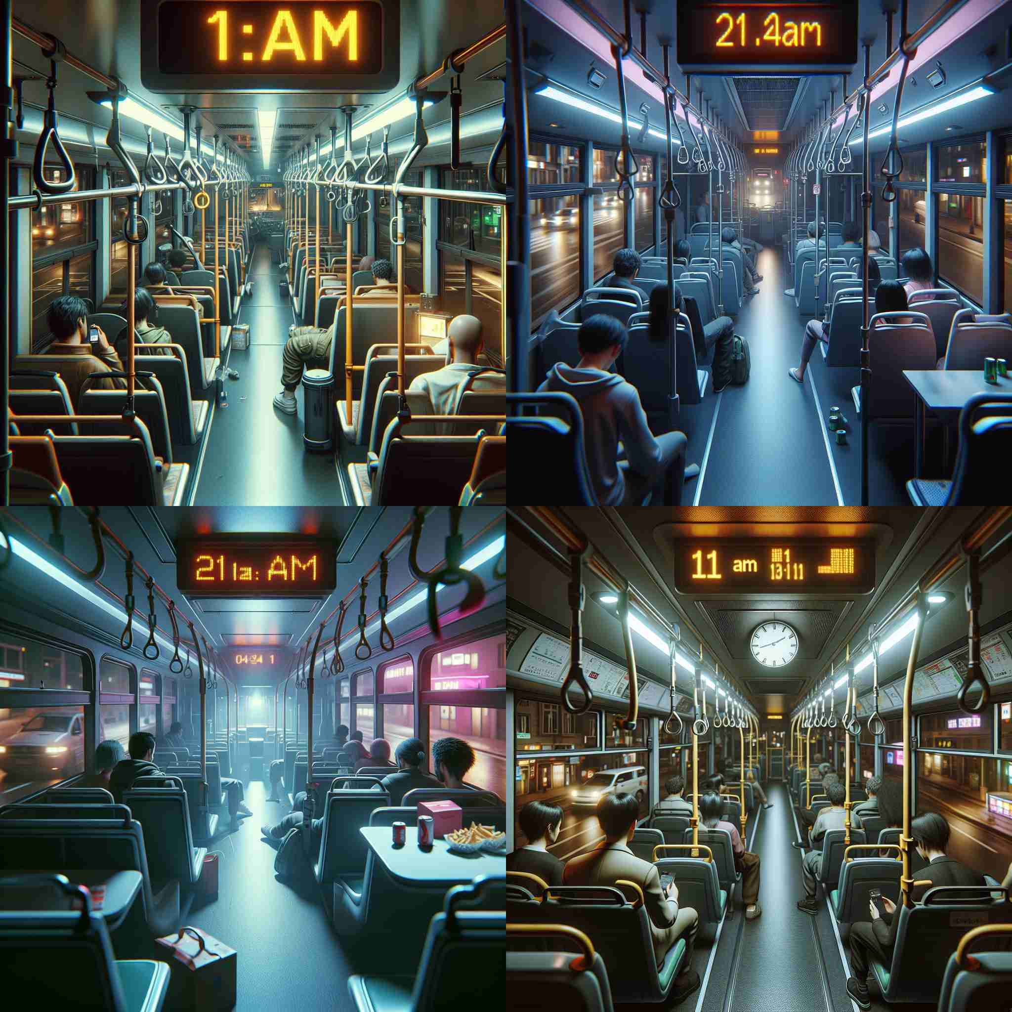 The inside of a bus at 1am