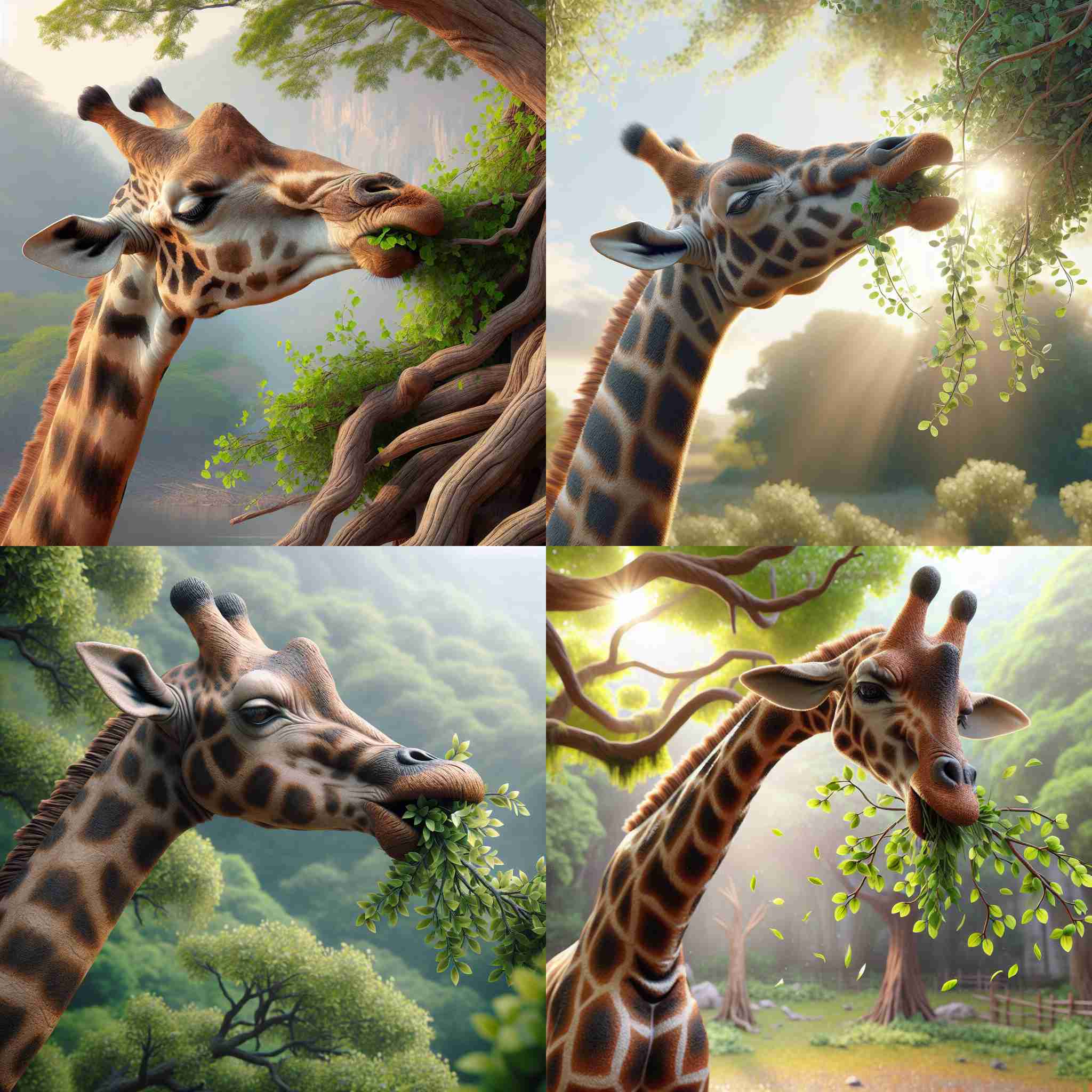 A giraffe eating tree leaves