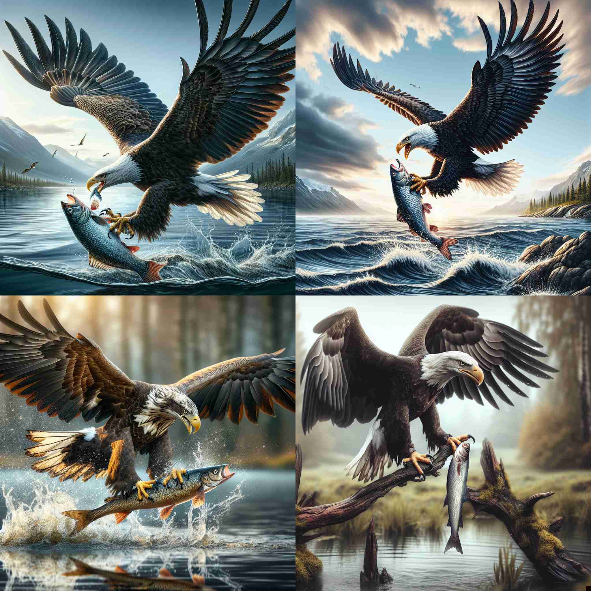 An eagle catching a fish