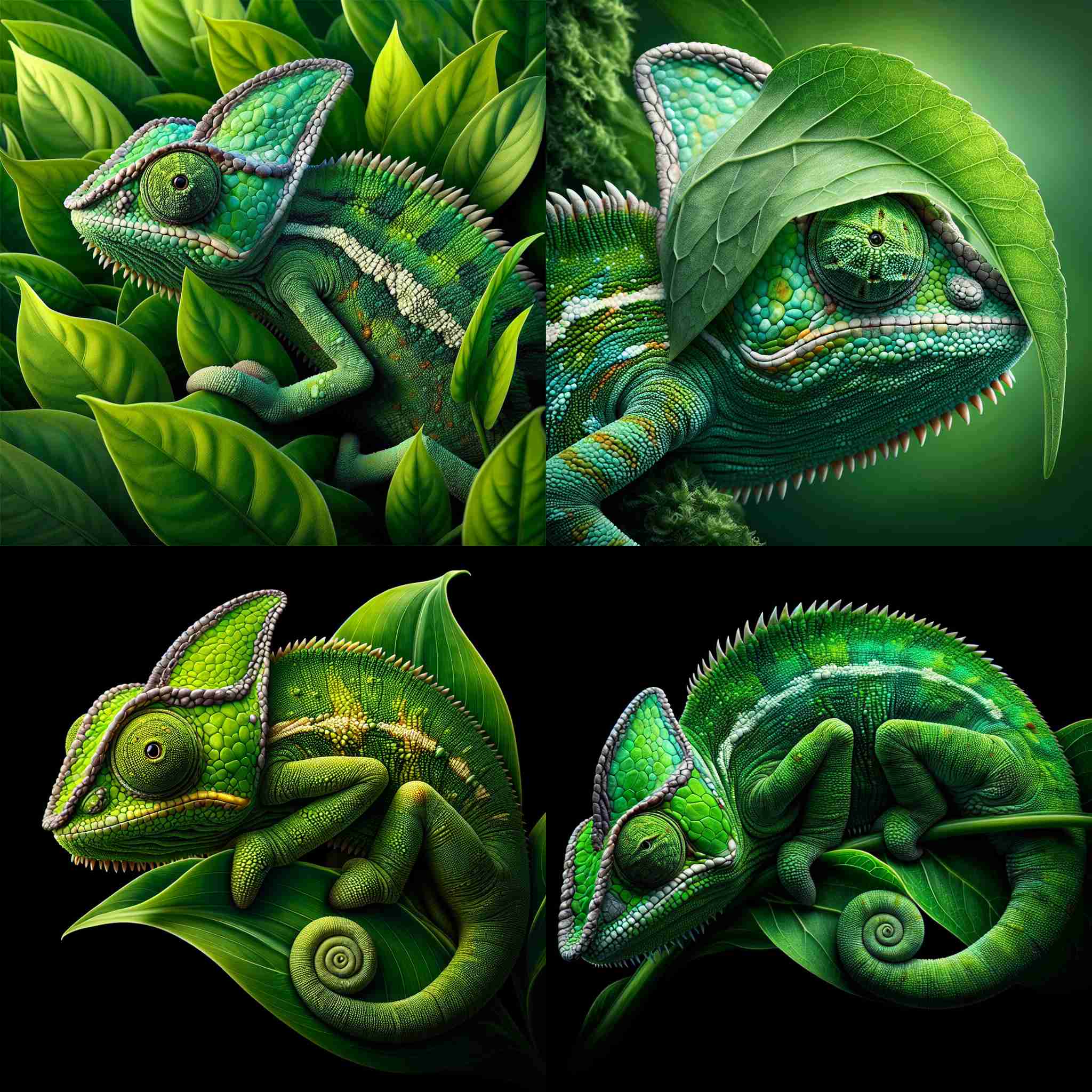 A chameleon blending in with a green leaf