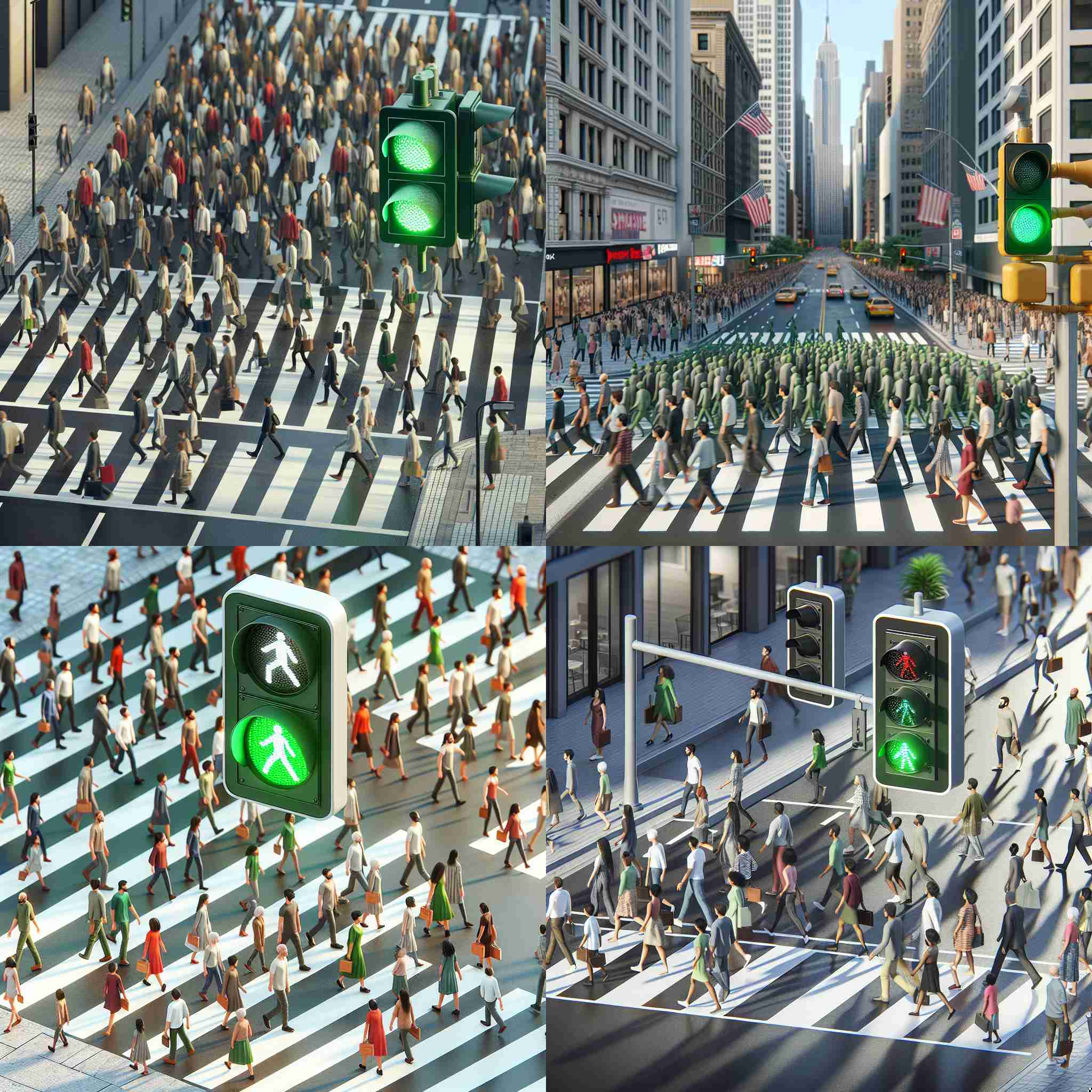 A crowded crosswalk with a green pedestrian signal