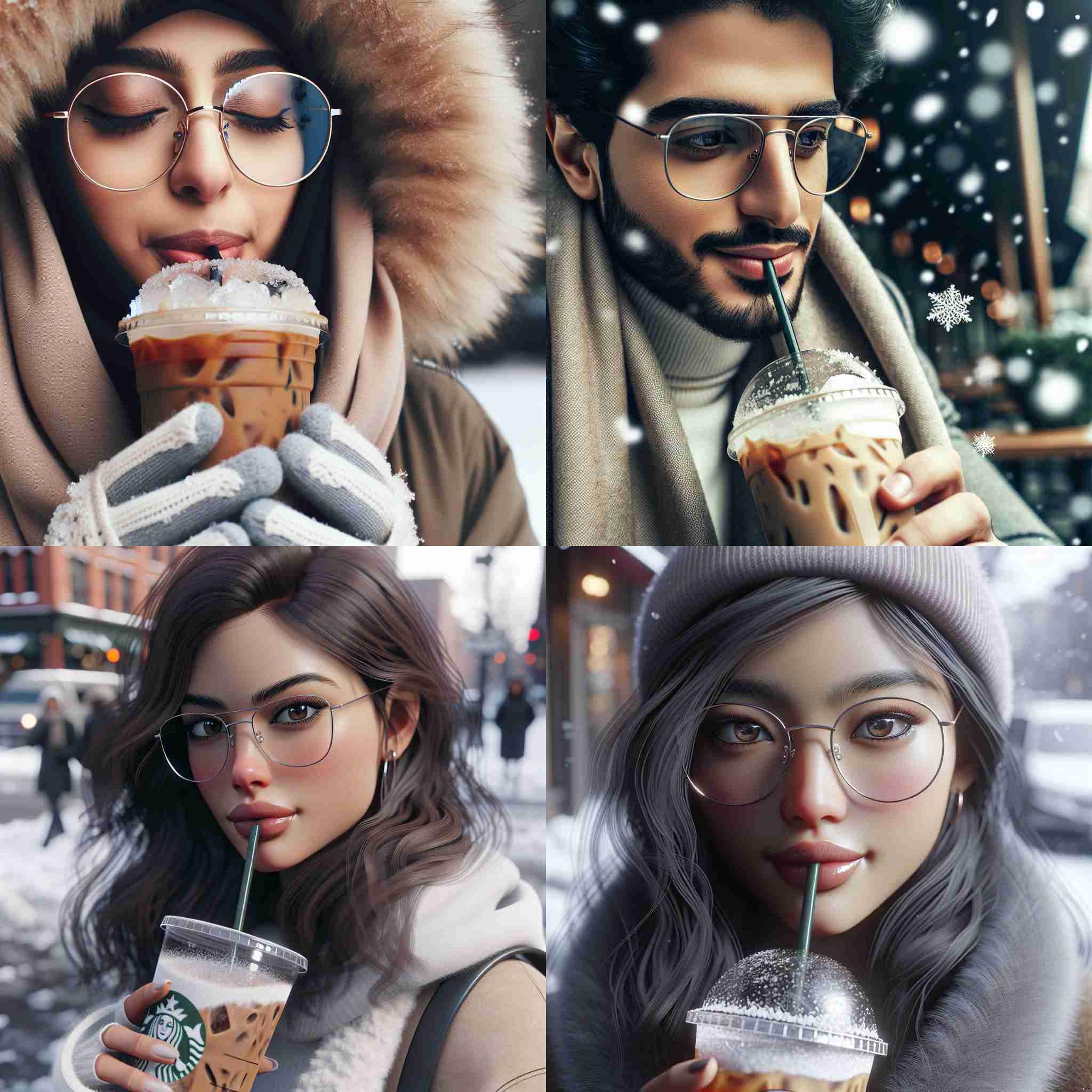 A person with glasses drinking iced coffee in winter