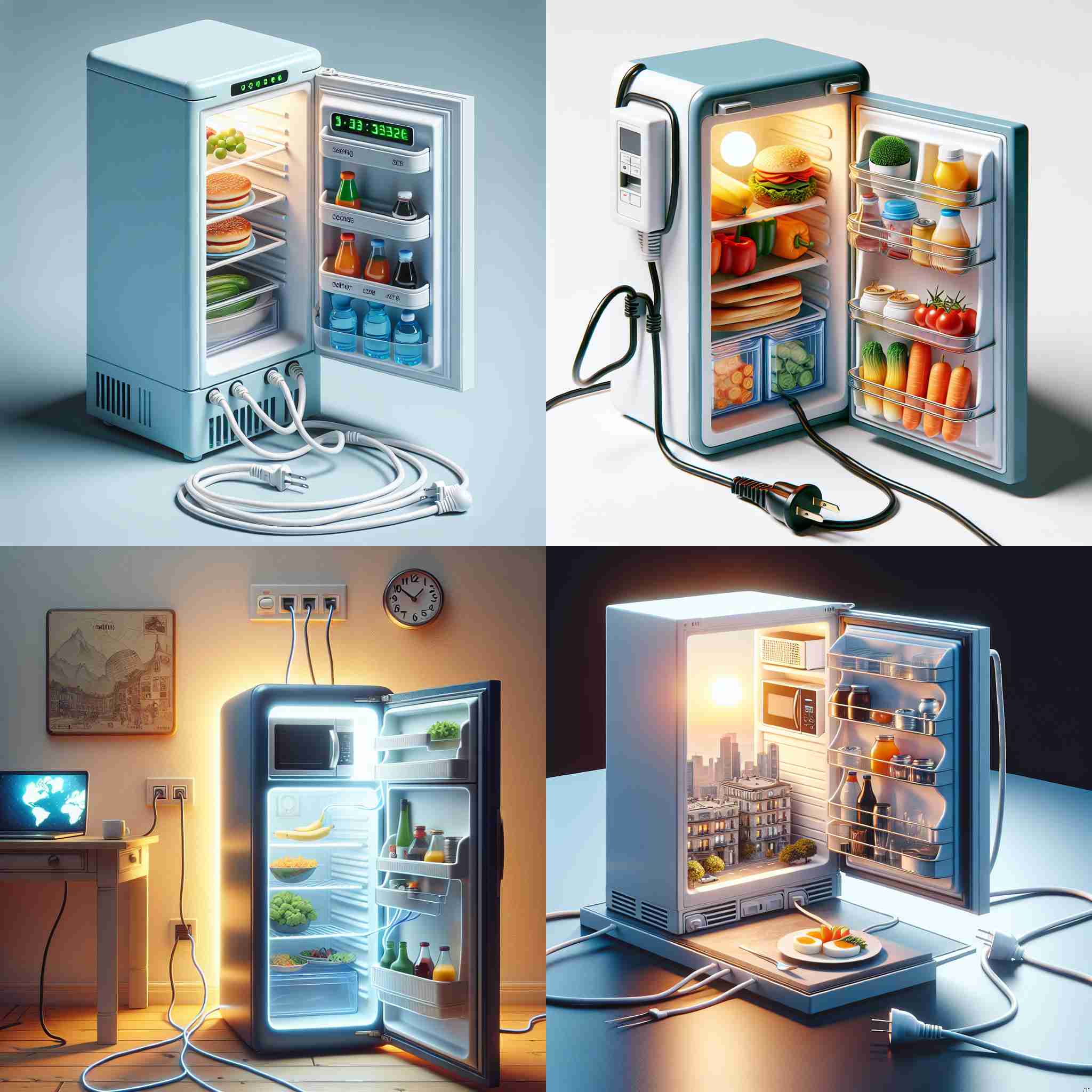 An open fridge connected to electricity