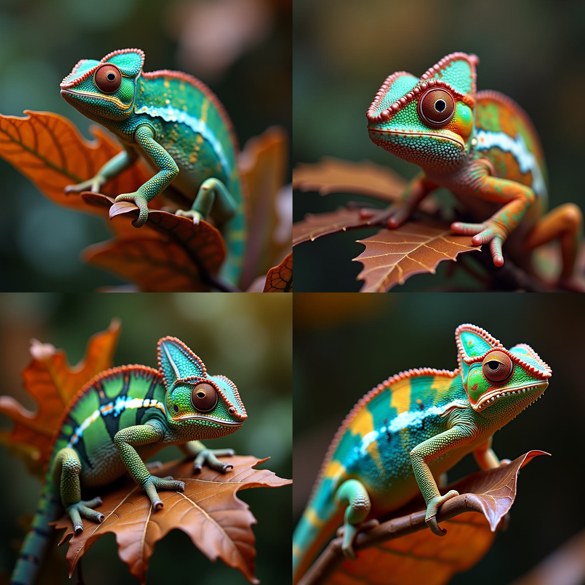 A chameleon blending in with a brown leaf