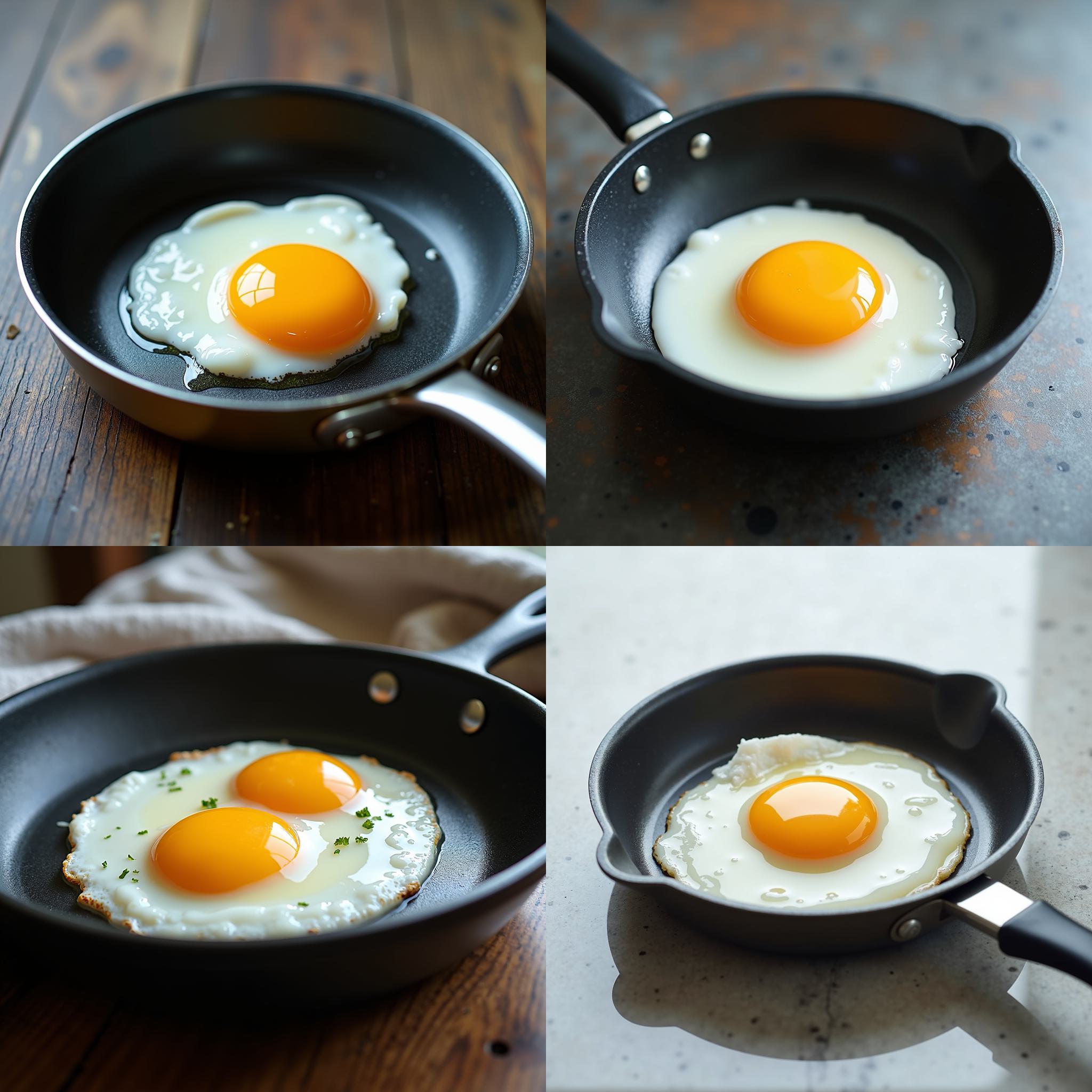 A cracked egg in a cold pan