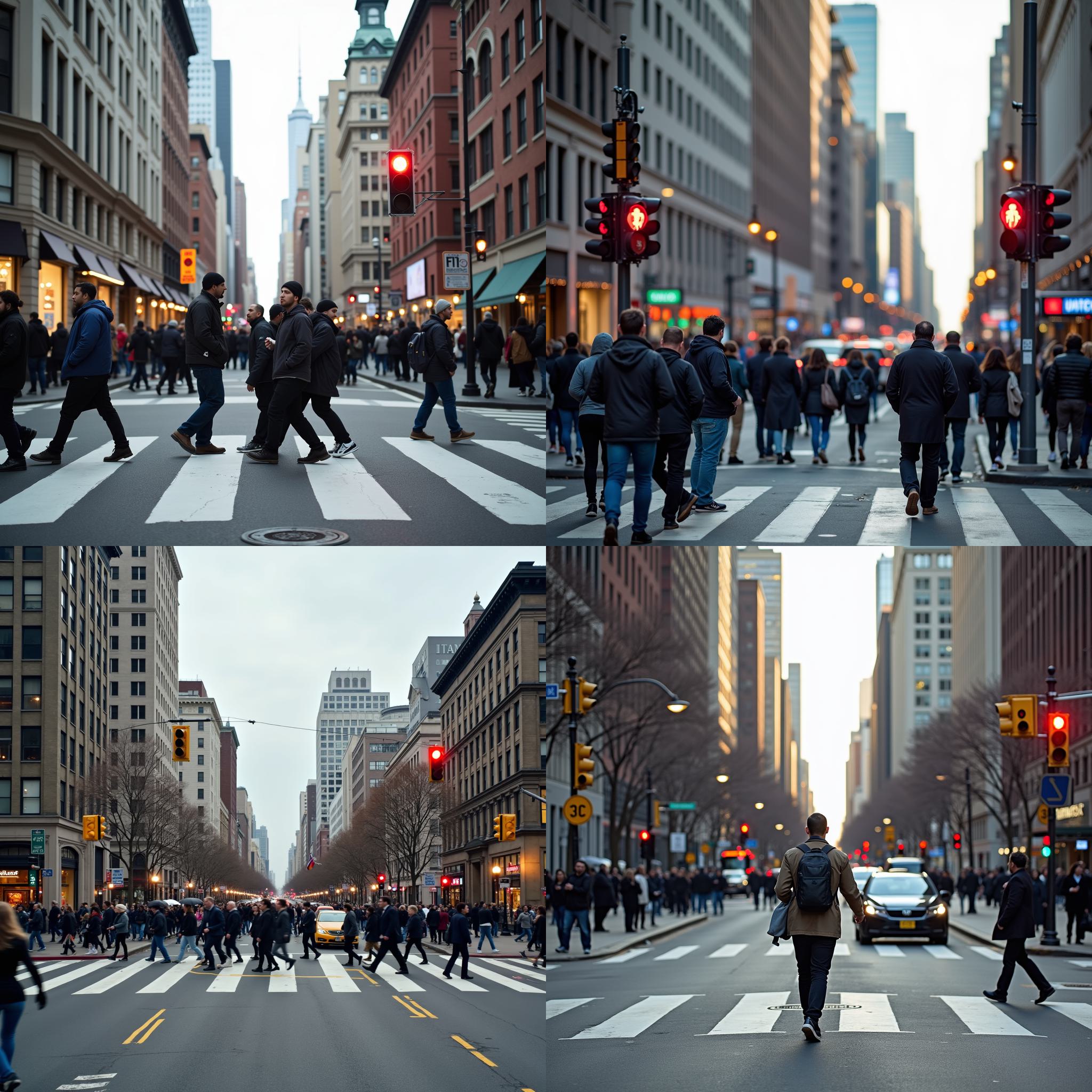 A crowded crosswalk with a red pedestrian signal