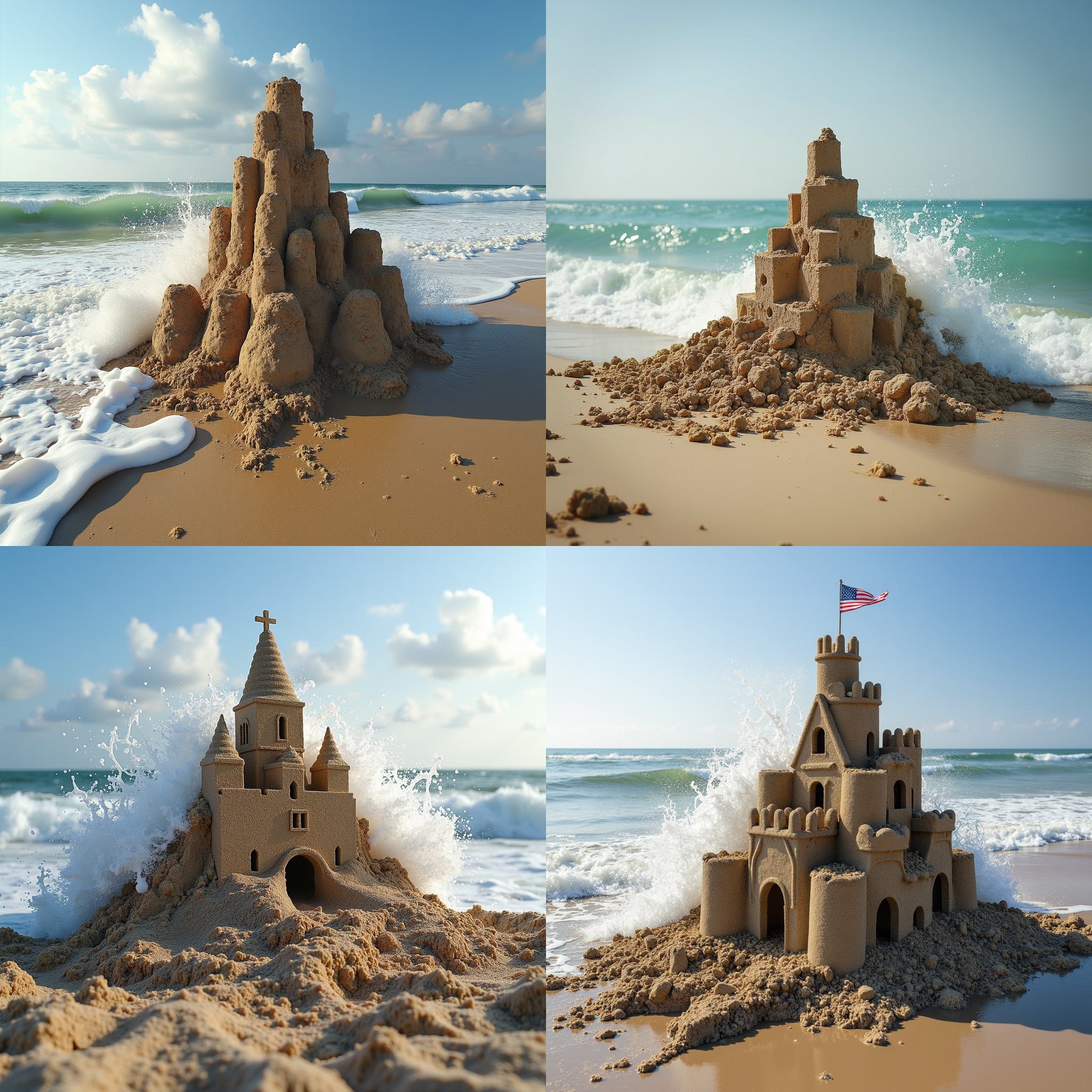 A sandcastle after being hit by a strong wave