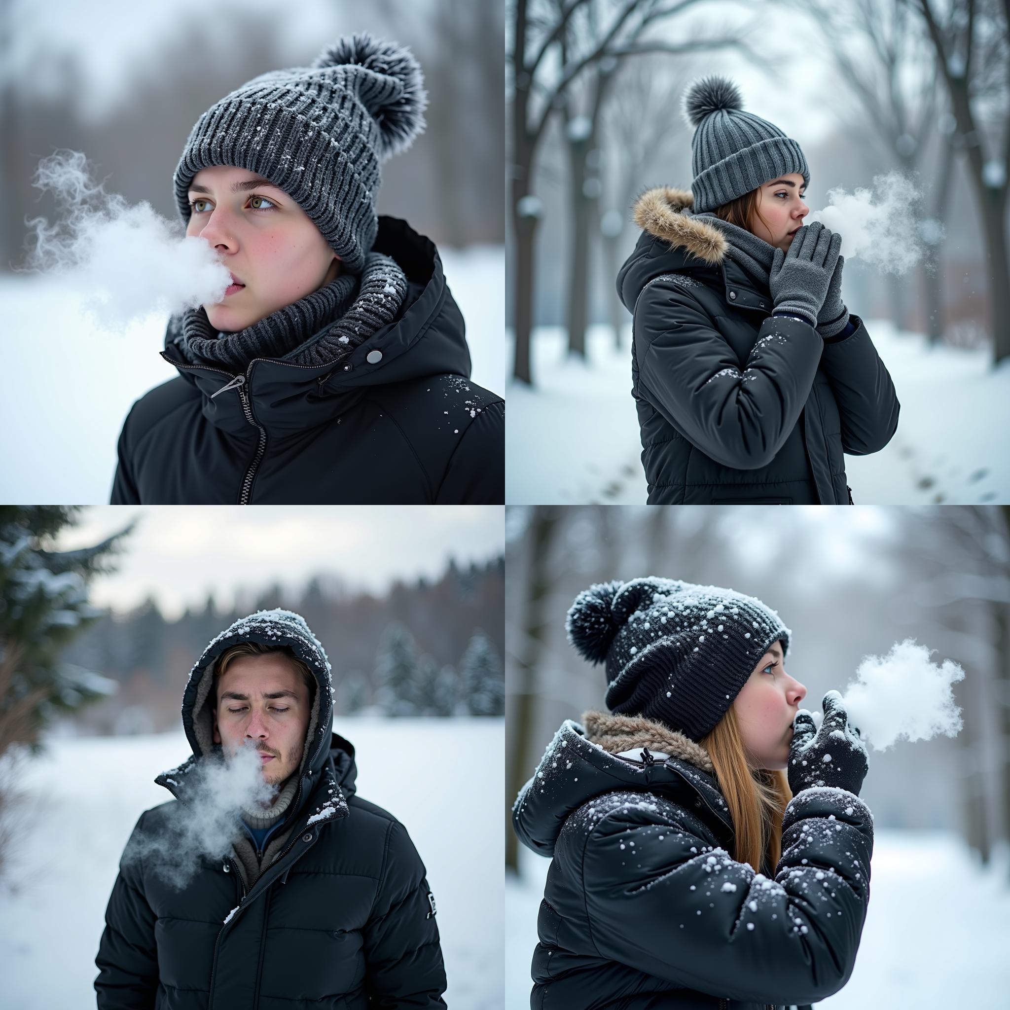 A person exhaling on a freezing winter day