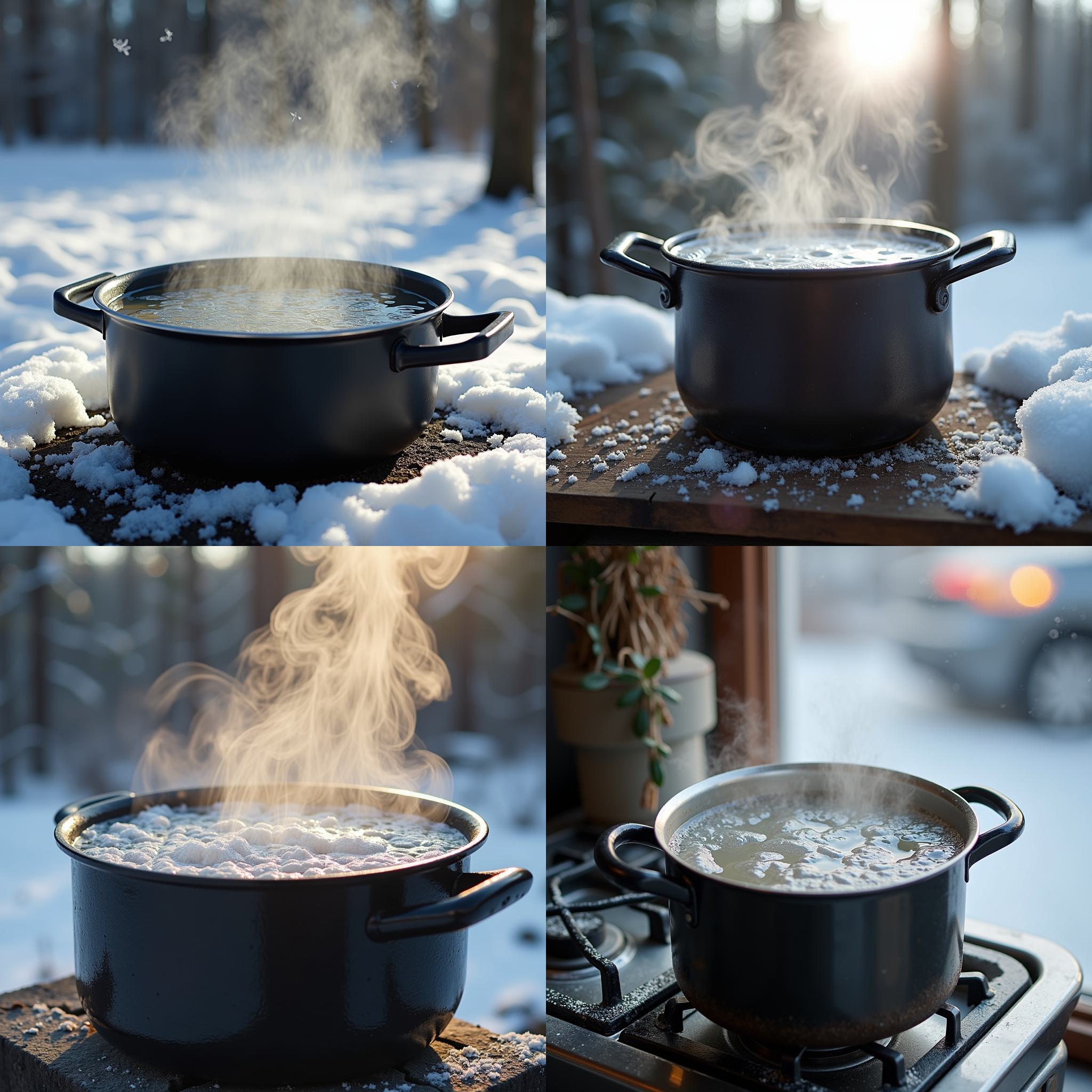 A pot of boiling water on a cold day