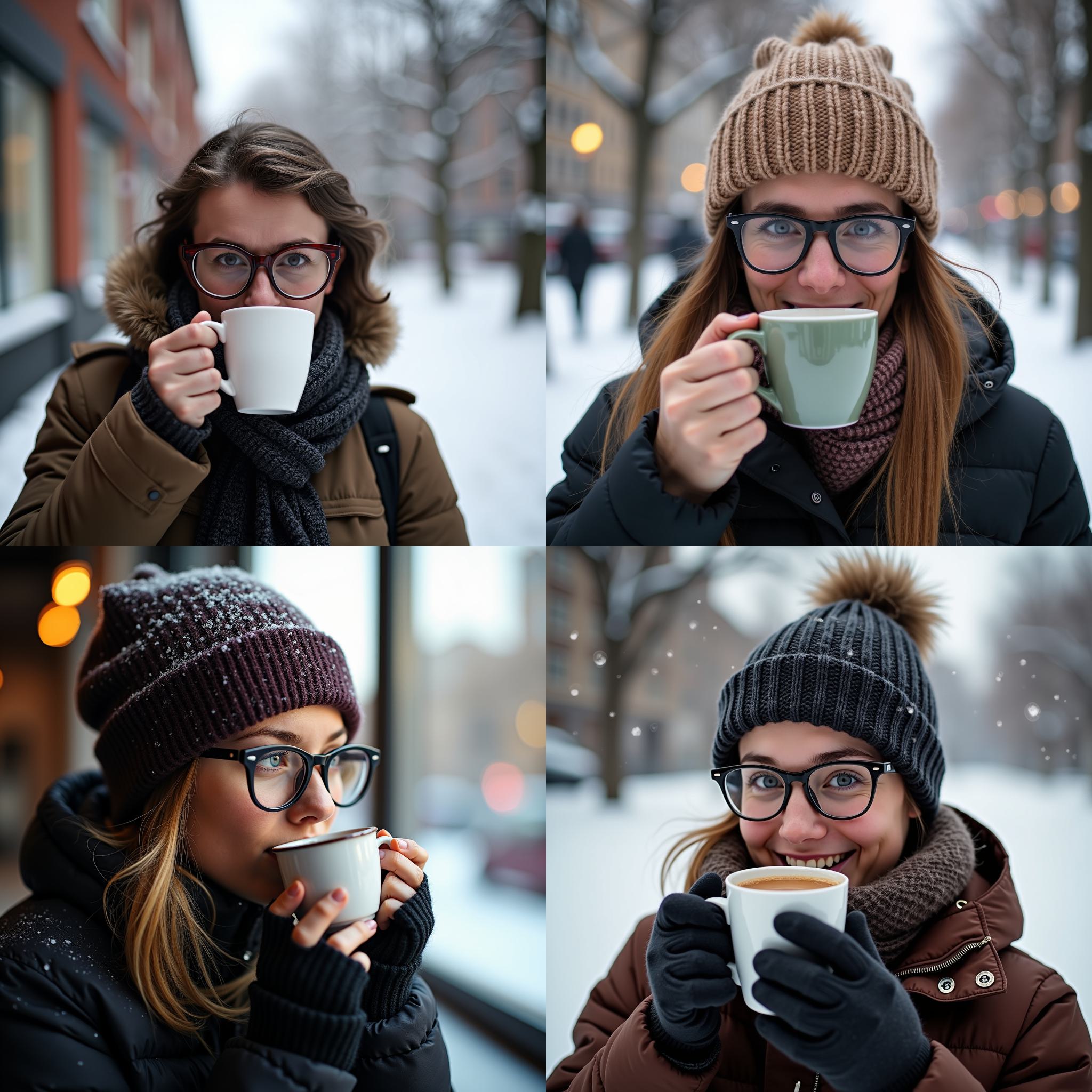 A person with glasses drinking hot coffee in winter