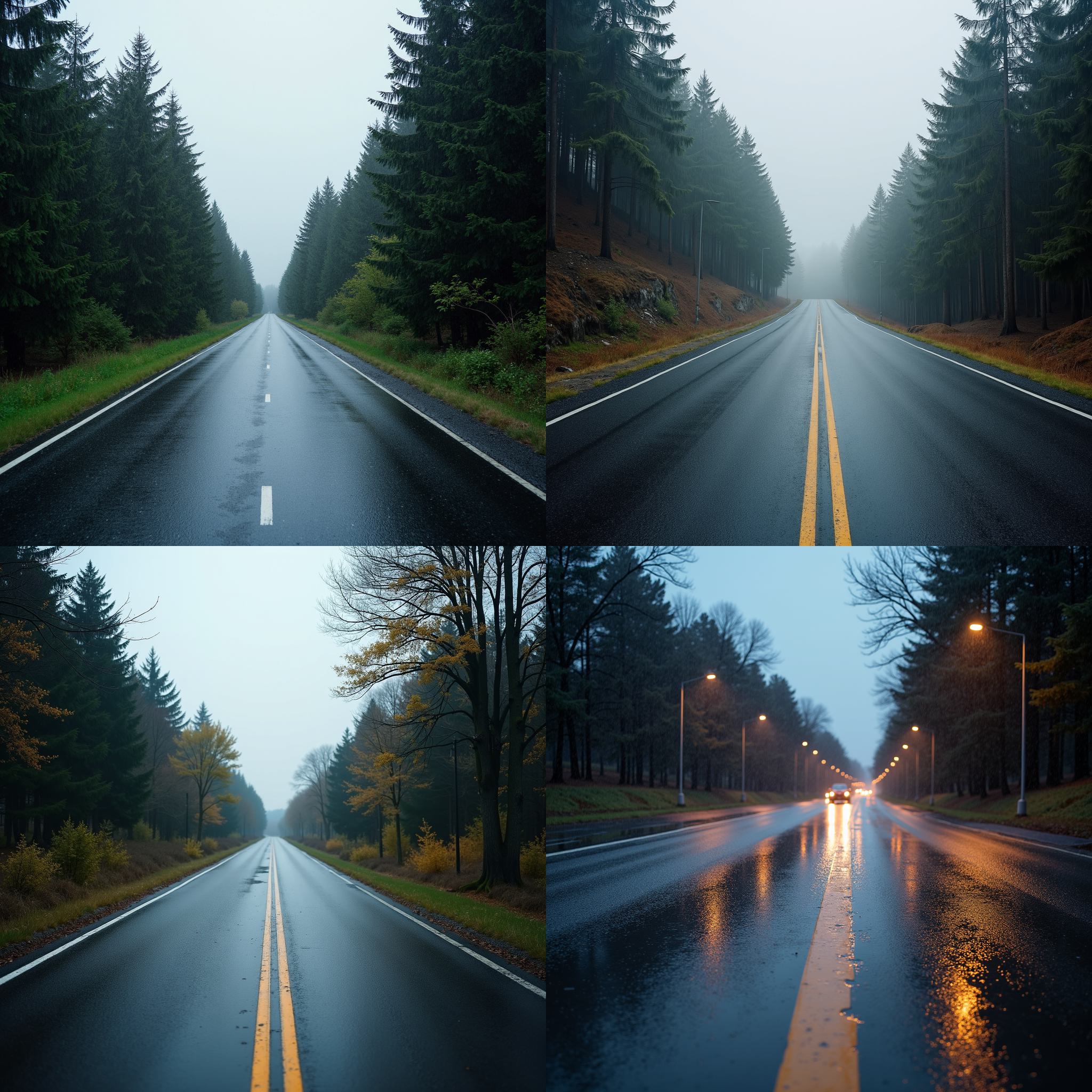 An asphalt road on a rainy day