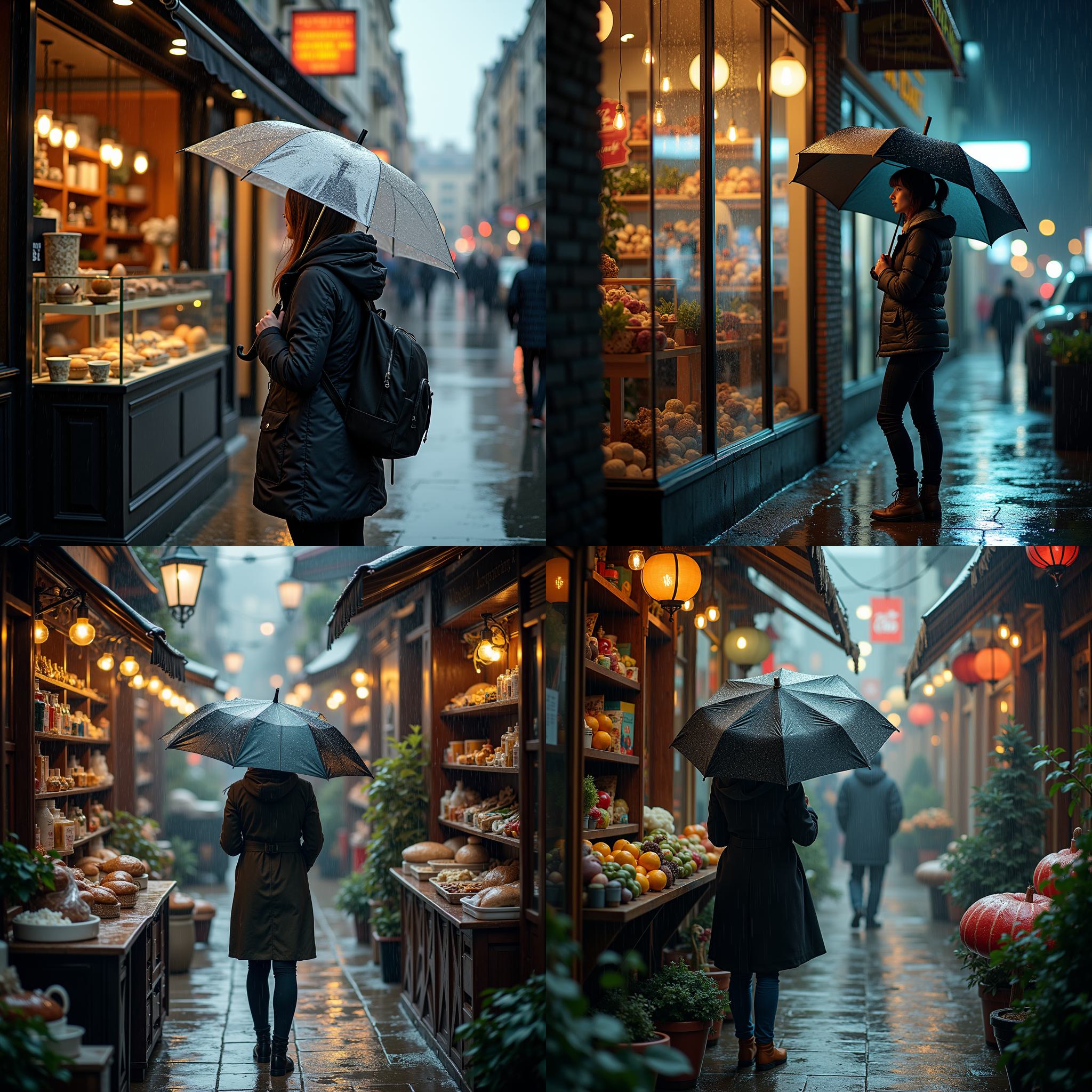 A person with an umbrella in a shop on a rainy day