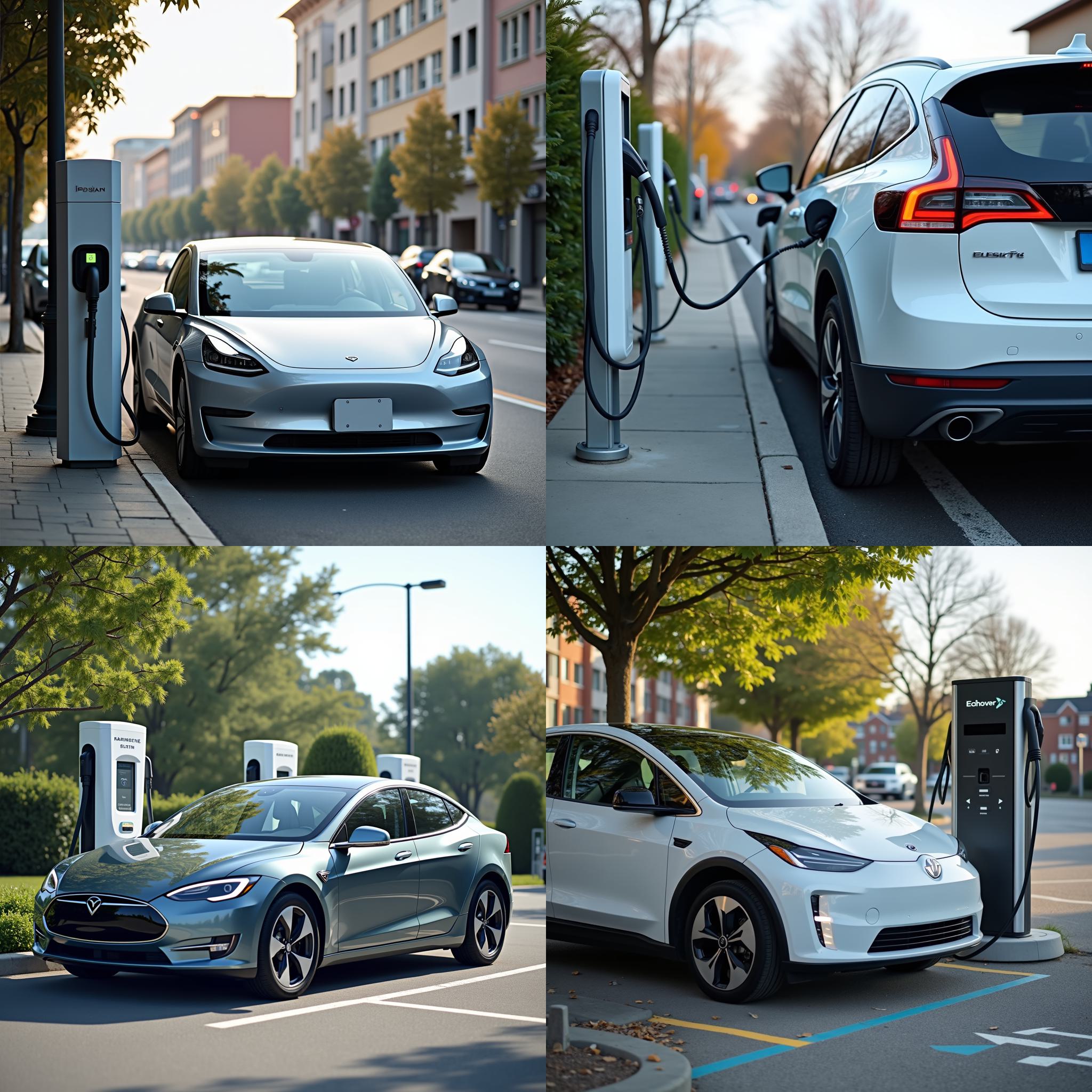 An electric car parked at a charging station but not charging yet