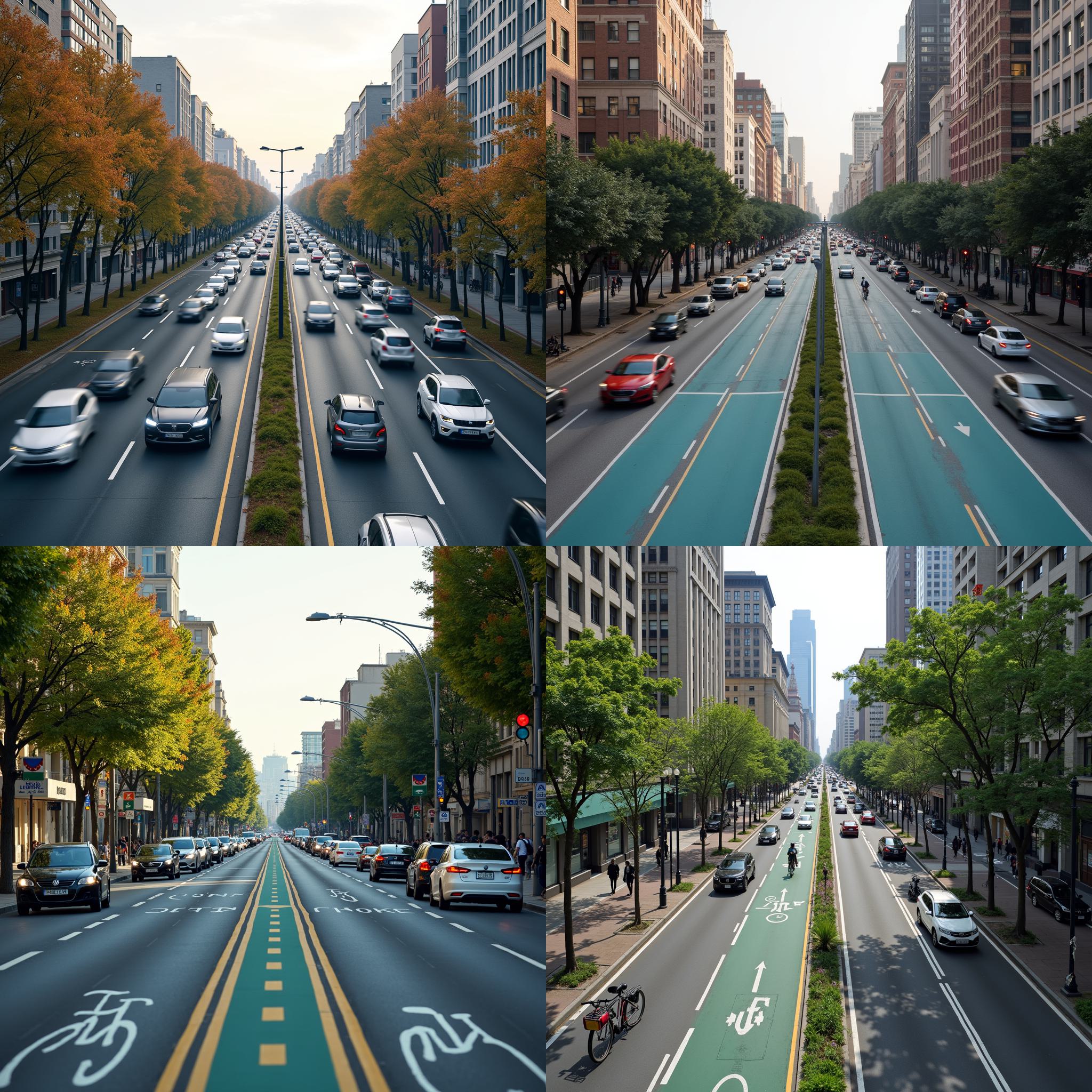 A congested road in the city with bicycle lanes