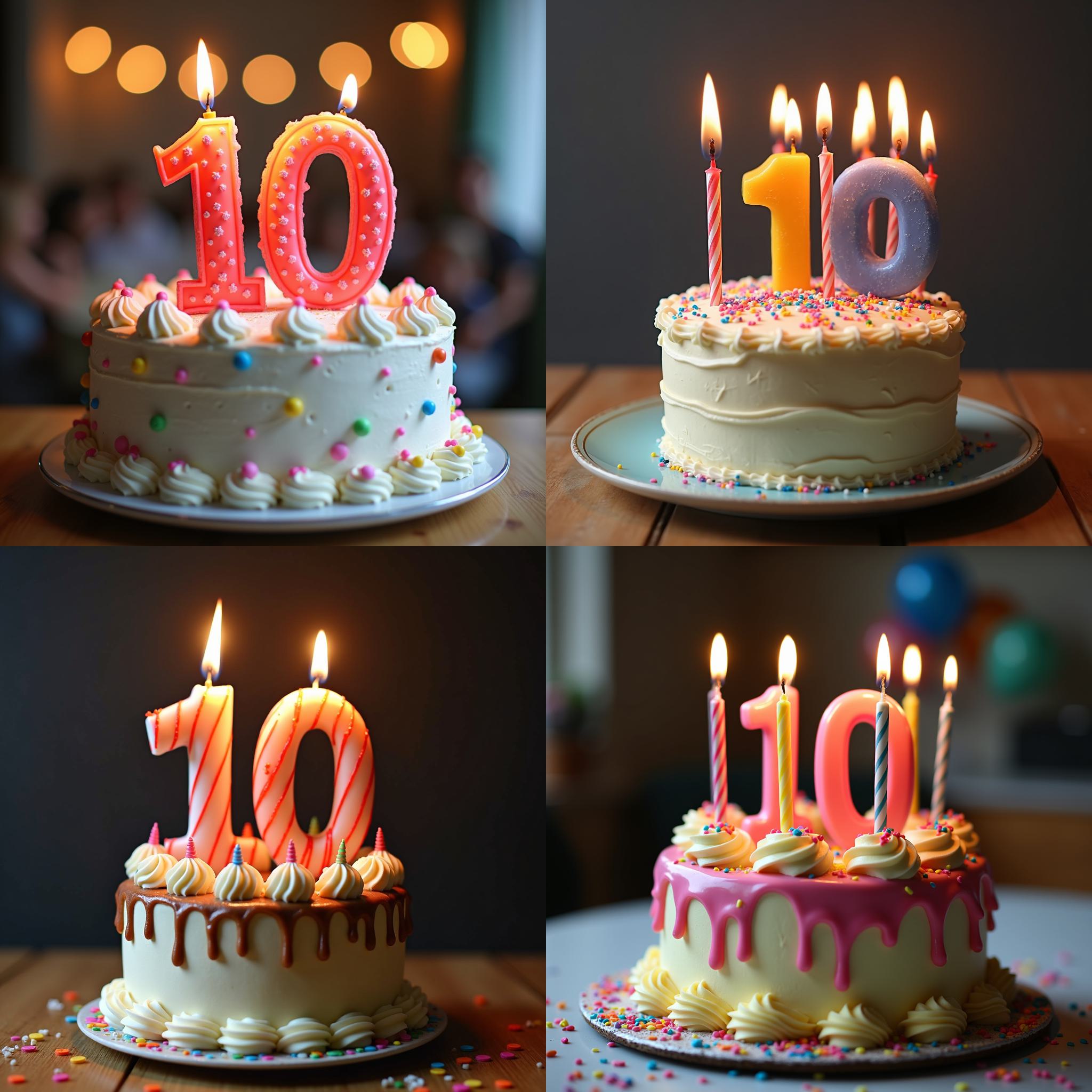 A ten-year-old kid's birthday cake with taper candles