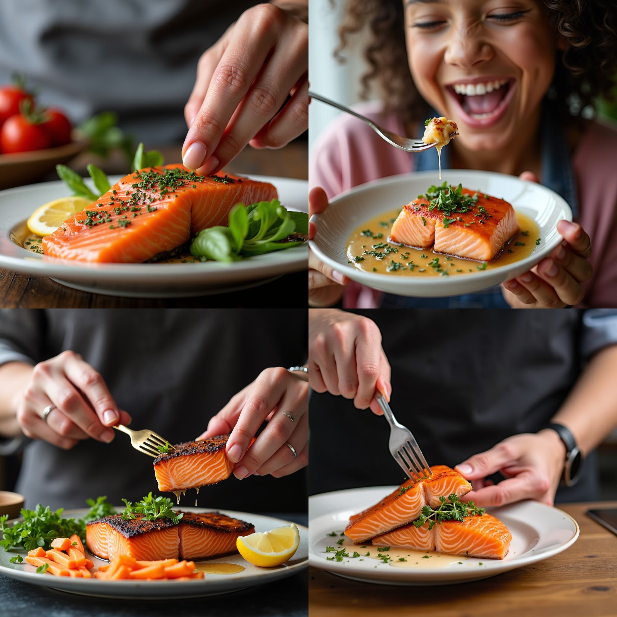 A person eating salmon