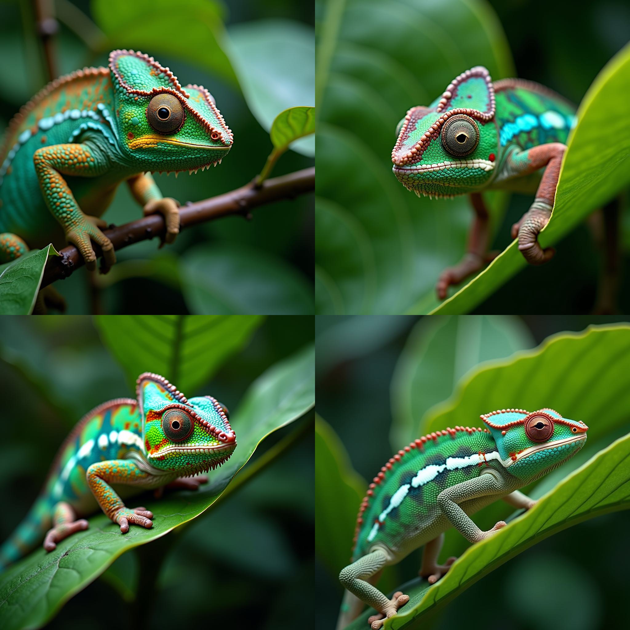 A chameleon blending in with a green leaf