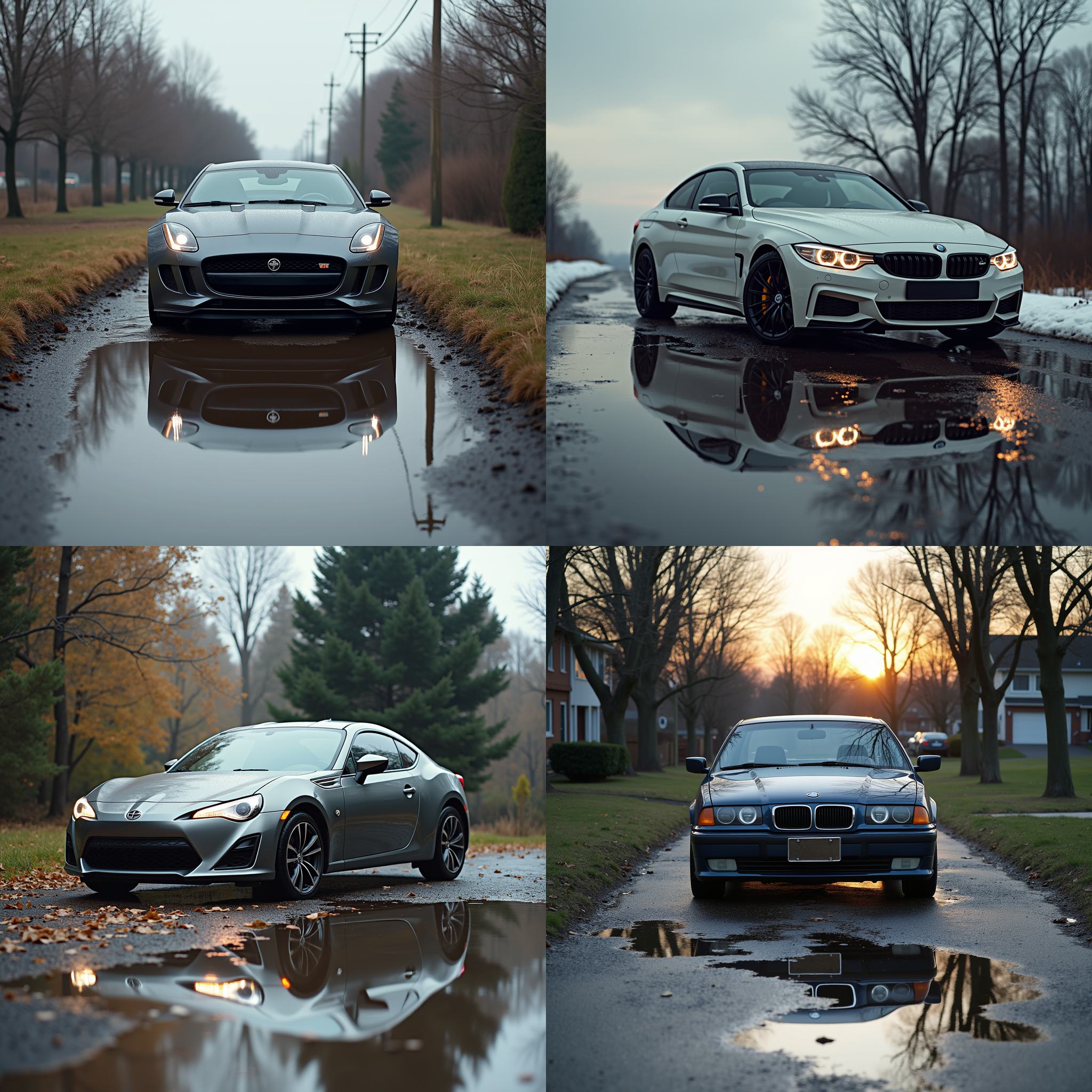 A car parked above a puddle