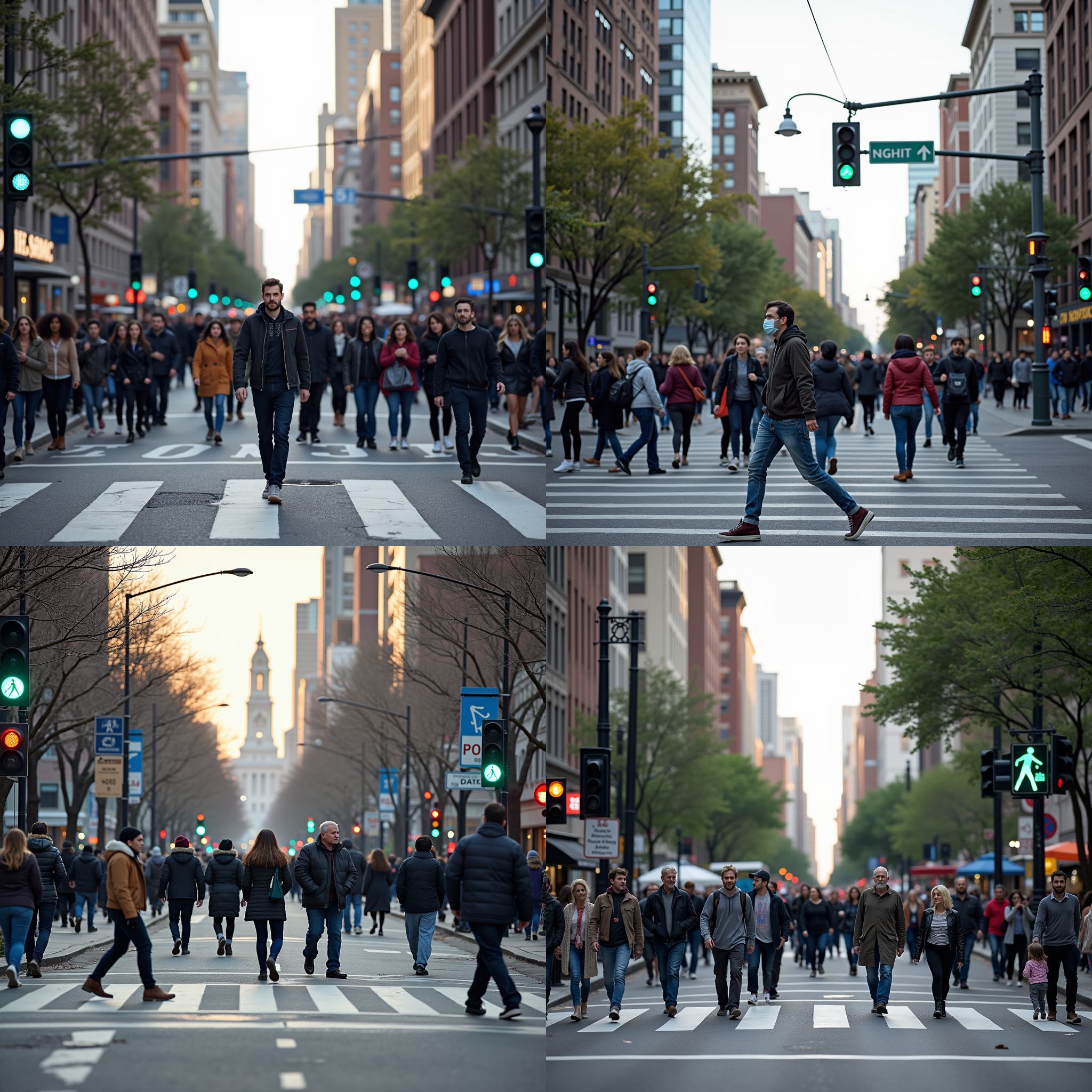 A crowded crosswalk with a green pedestrian signal