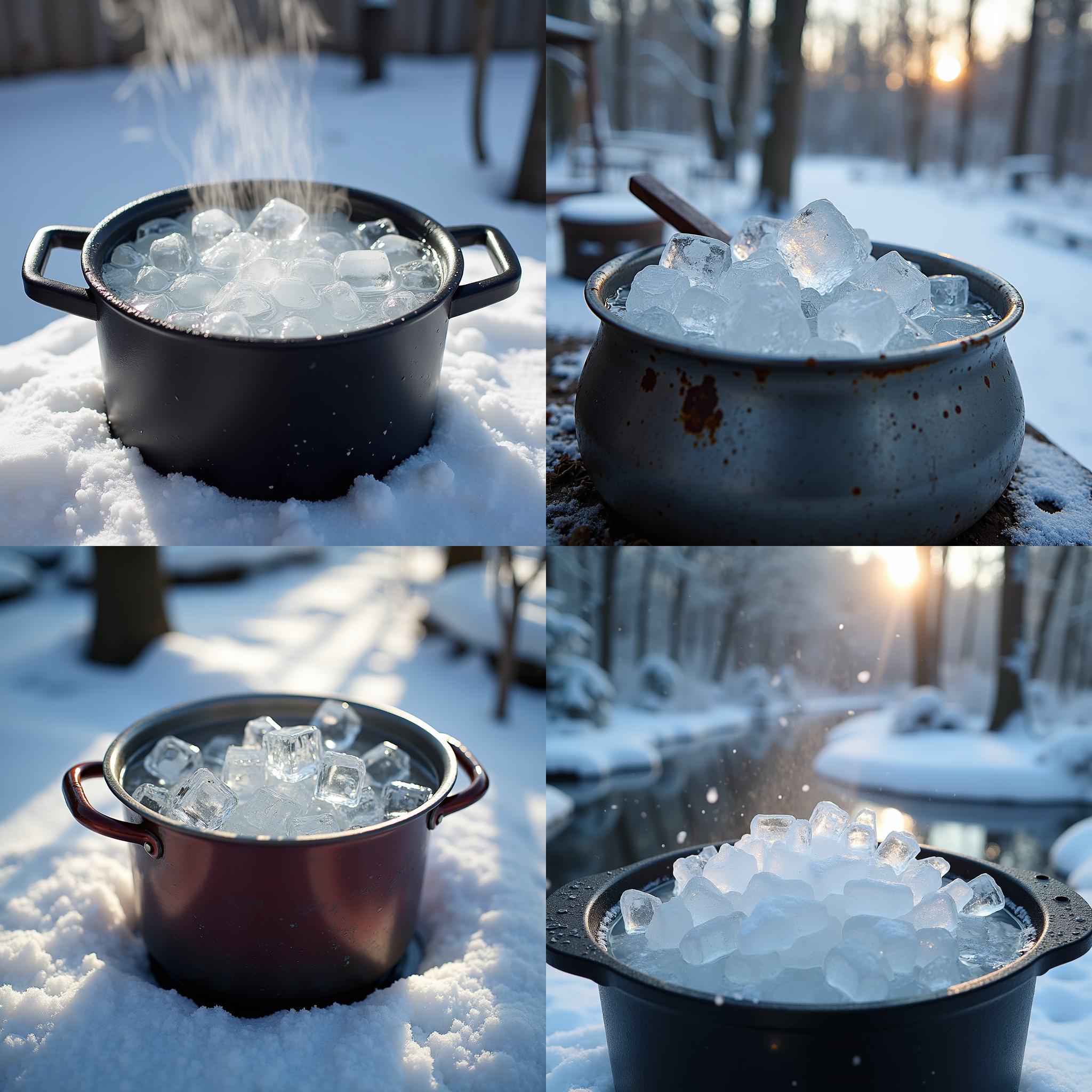 A pot of ice water on a cold day