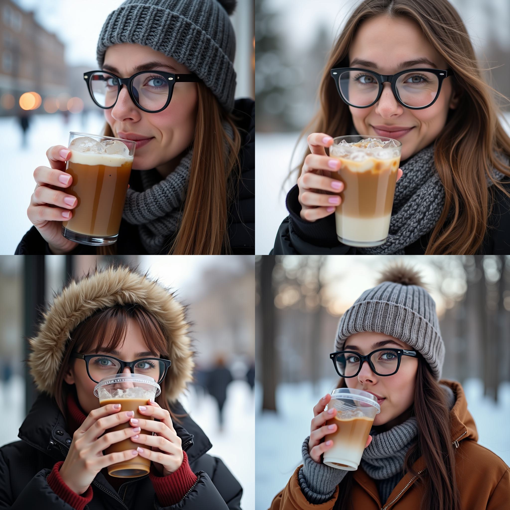 A person with glasses drinking iced coffee in winter