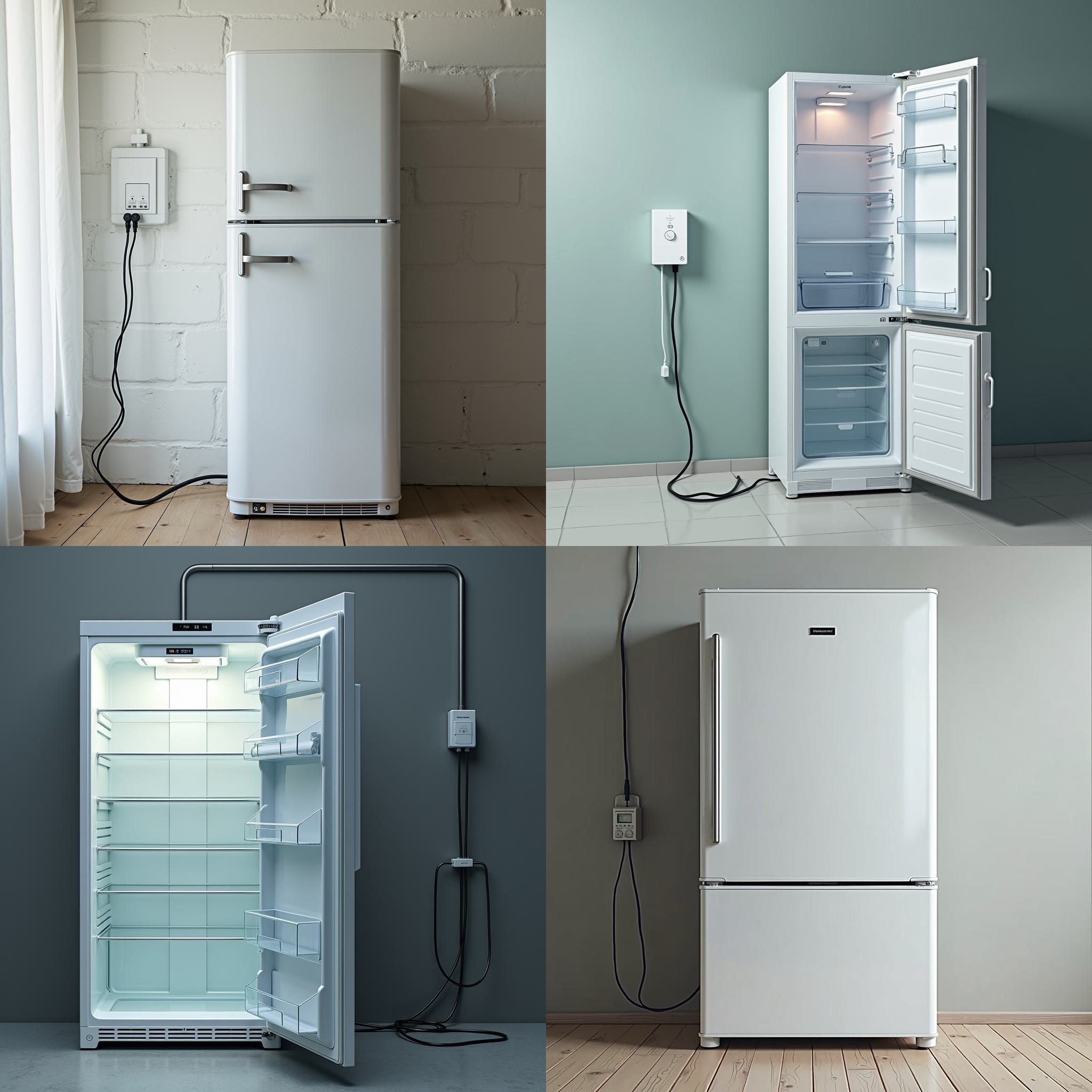 An open fridge connected to electricity