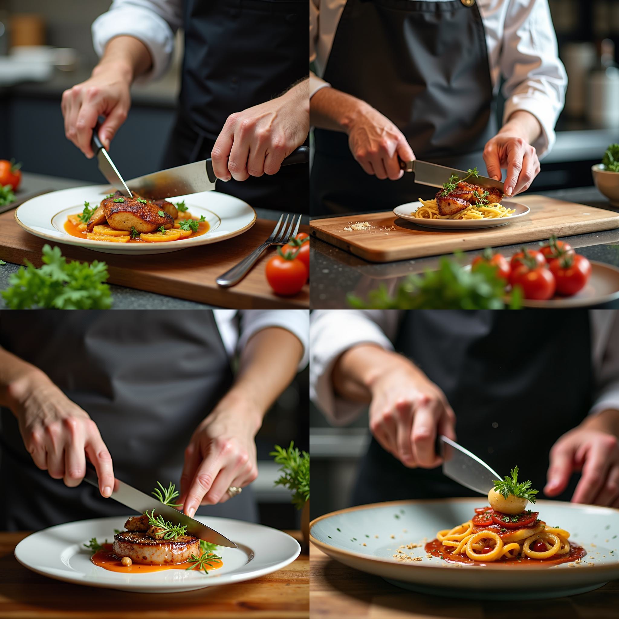 A chef preparing a meal with a knife