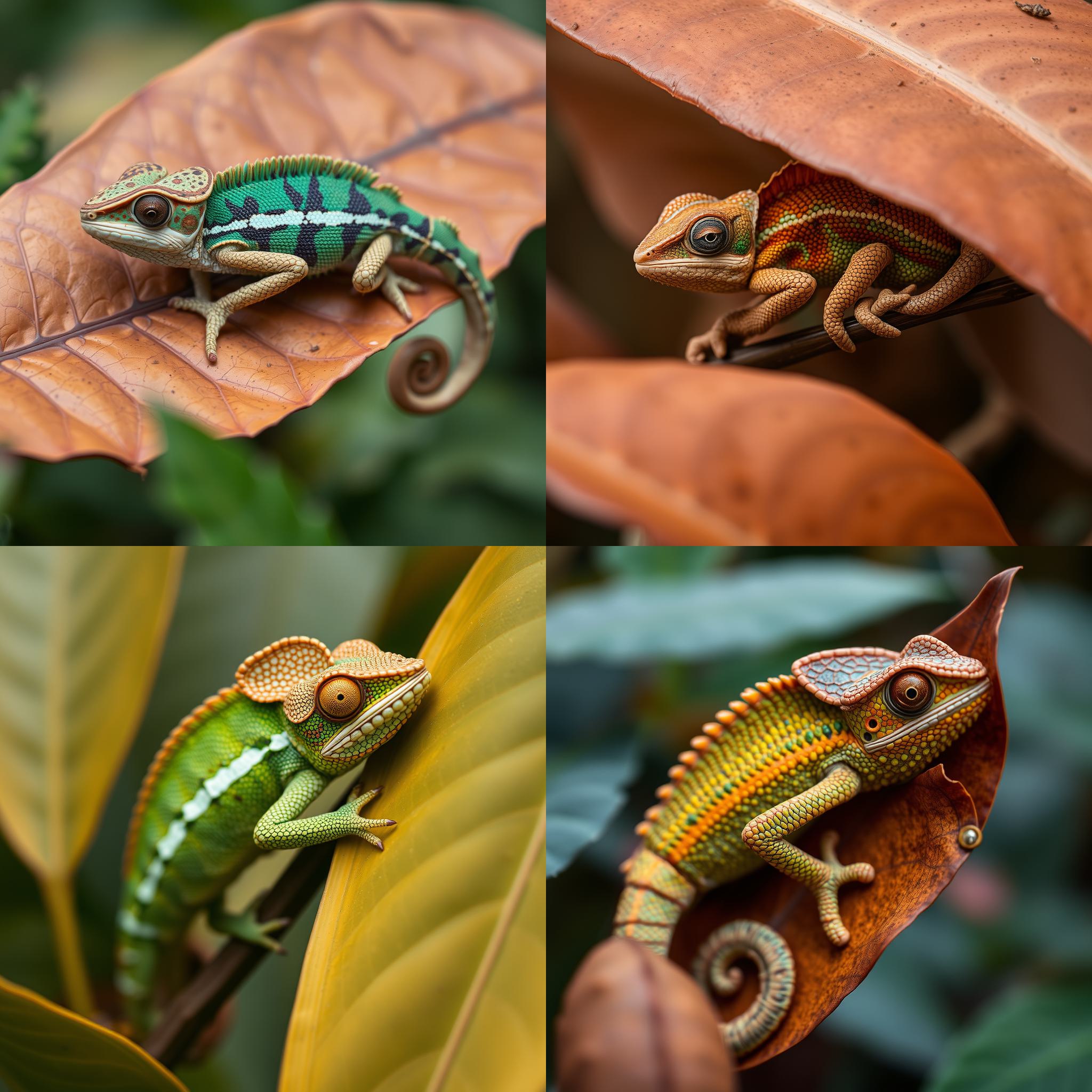 A chameleon blending in with a brown leaf