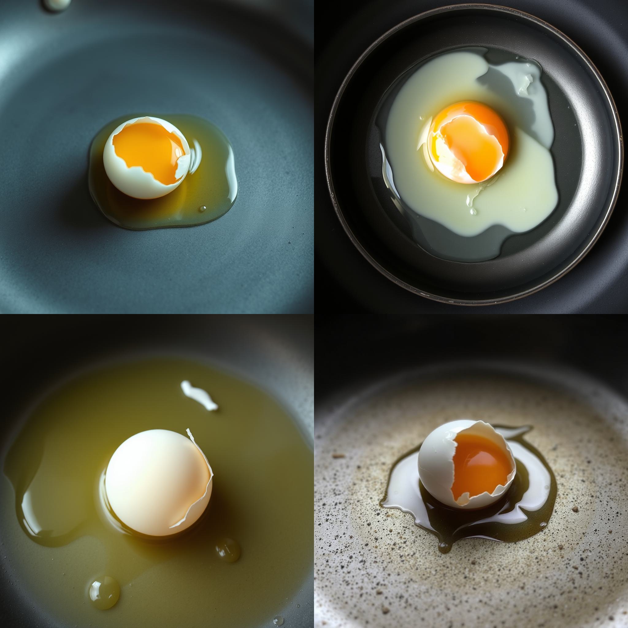 A cracked egg in a cold pan